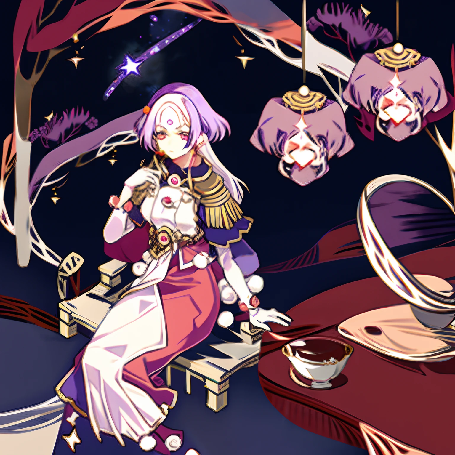 ,Lavender coloured hair, bright red Eyes, oni, wearing a old Chinese clothes, one hand on the, standing far from the camera, stars in the background with the full red moon, nobody else, long hair. sitting on a thrown, detailed eyes,