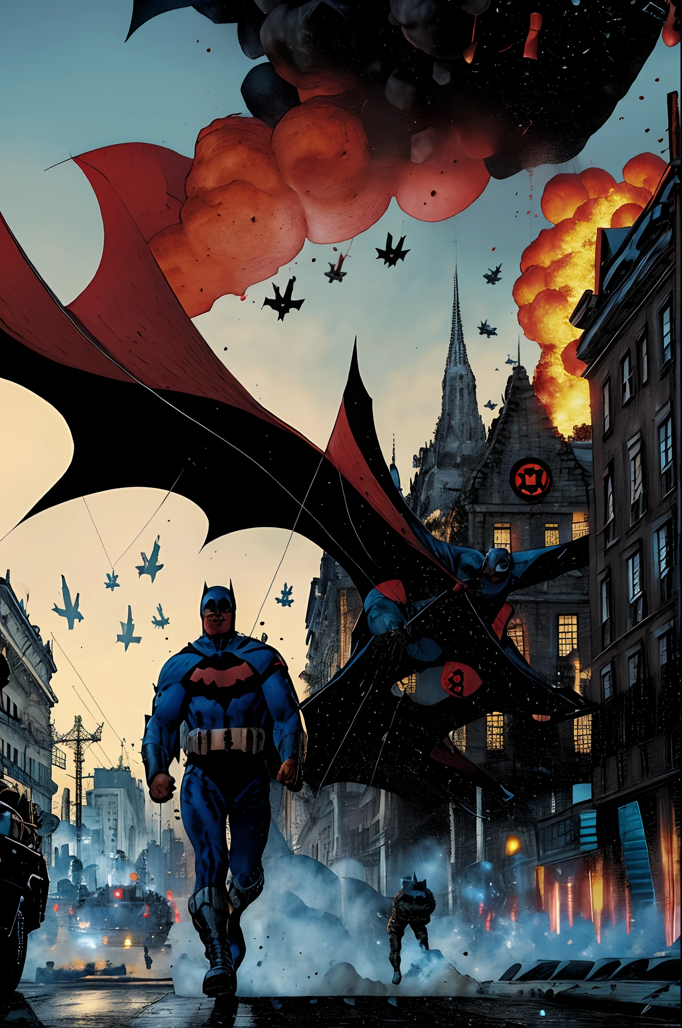 Bombs dropped by Hitler's army planes fall to the ground of Gotham, ceu azul e estrelado, Only one Batman does justice against hitler... blood in the streets and bomb blasts, muita lava coming out of the ground