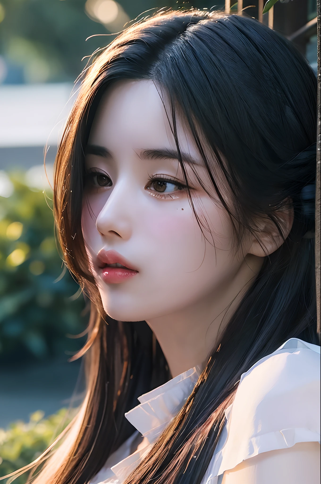 Best Quality, Masterpiece, The ultra-Highres, (Photorealistic:1.4), Raw foto, 1Girl, Long hair, plein air, closeup shot, looking up at viewer