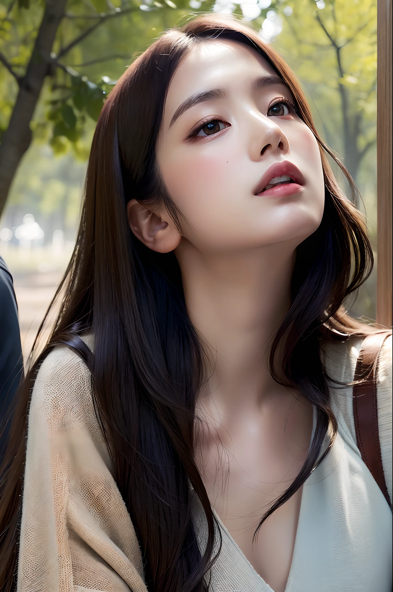 Best Quality, Masterpiece, The ultra-Highres, (Photorealistic:1.4), Raw foto, 1Girl, Long hair, plein air, closeup shot, looking up at viewer