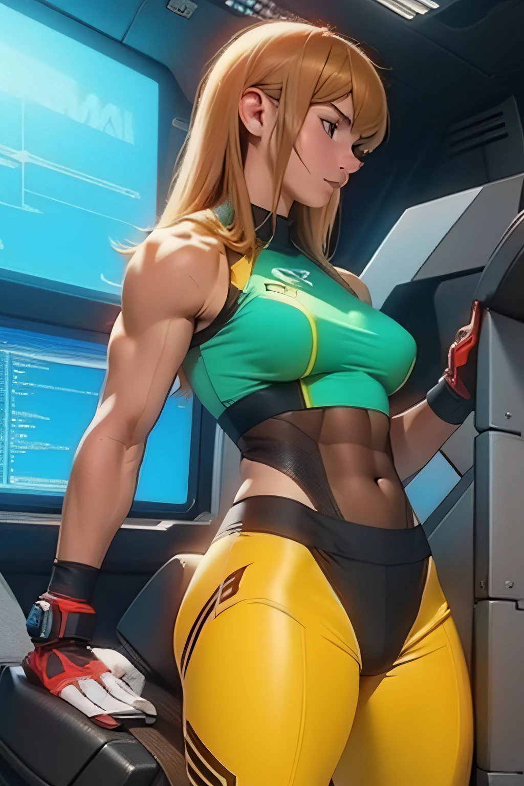 1girl, extremely long hair, solo, ((((muscular)))), veins, blonde, yellow eyes, blushing, (thick thighs), pale skin, strong, veins, abs, big thighs, huge breasts, navel, standing, angry, bodysuit, skintight, pilot suit, ((from behind)), (huge ass)