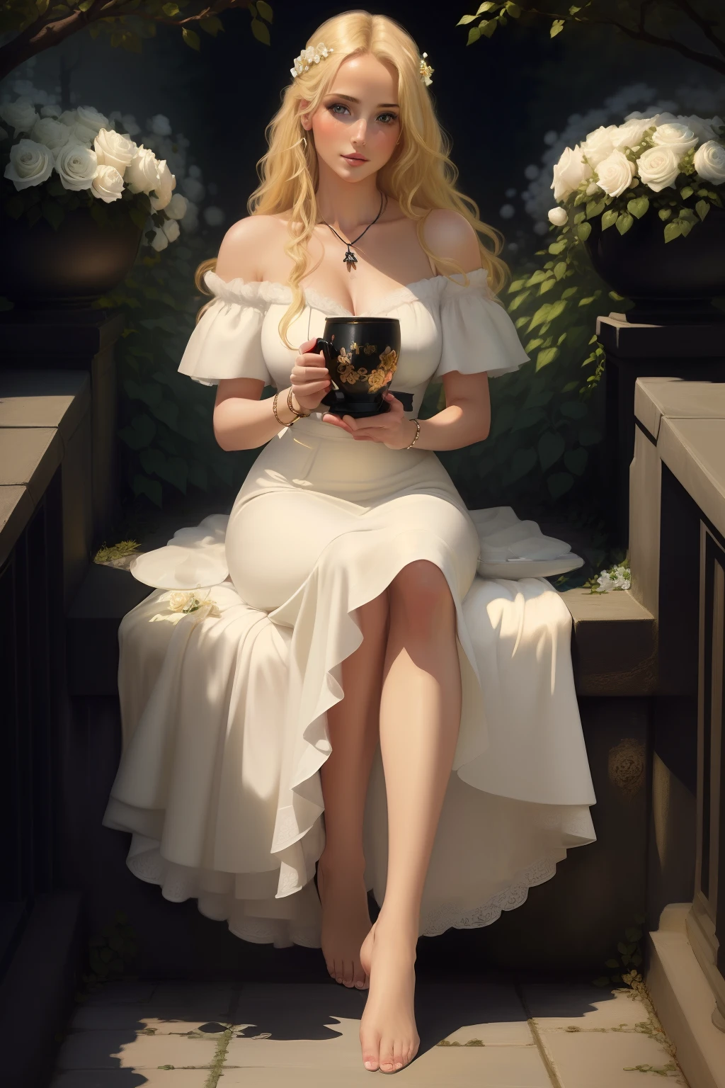 ((Best quality)), ((masterpiece)), ((realistic)), ((beautiful blonde woman)), in a garden of black roses, in the late afternoon, wearing a white dress, barefoot,(( holding a cup)), a chain is holding him by the foot, masterpiece.