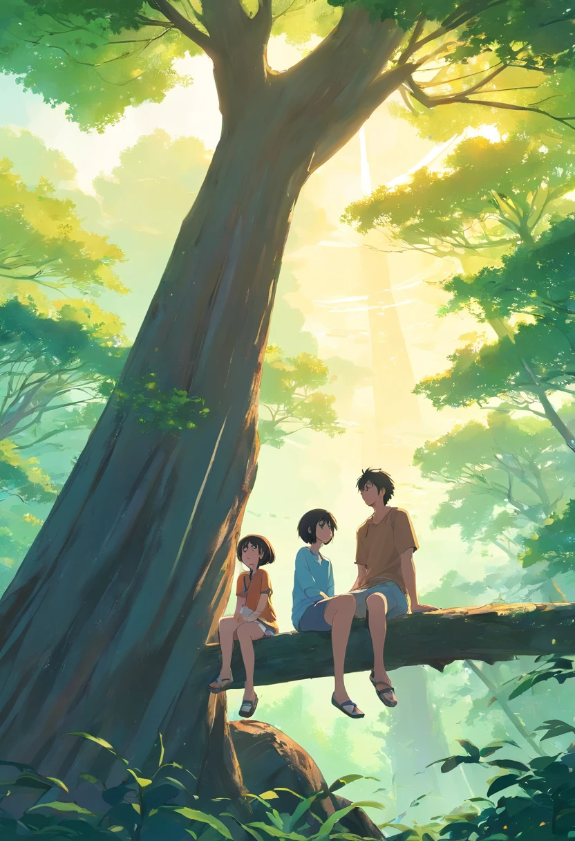 1girl, daughter sitting on higher tree branch, her father standing on the ground under the tree