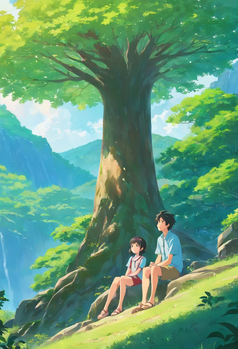 1girl, daughter sitting on higher tree branch, her father standing on the ground under the tree