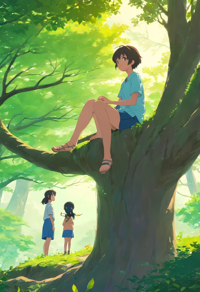 1girl, daughter sitting on higher tree branch, her father standing on the ground under the tree