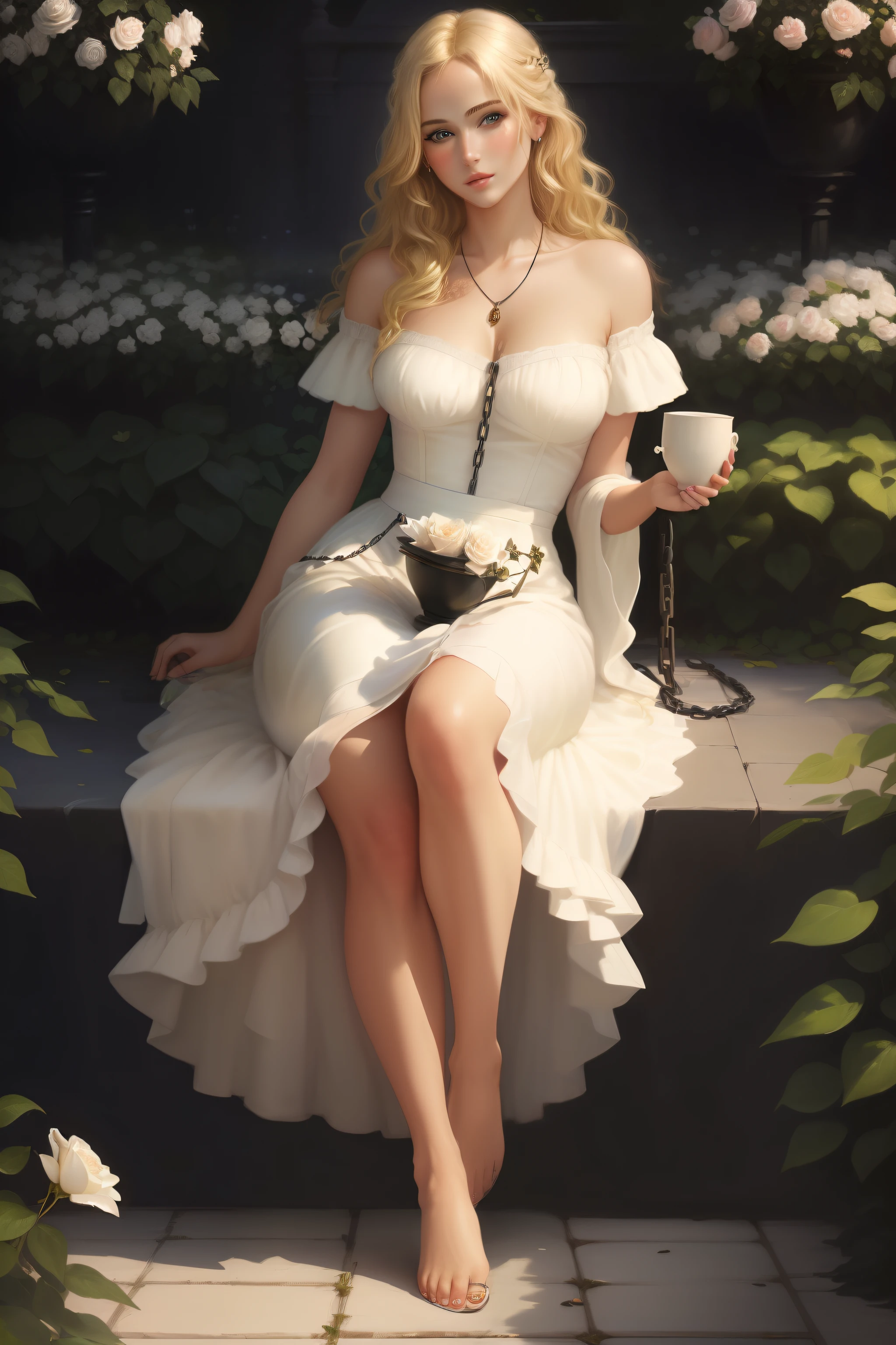 ((Best quality)), ((masterpiece)), ((realistic)), ((beautiful blonde woman)), in a garden of black roses, in the late afternoon, wearing a white dress, barefoot,(( holding a cup)), a chain is holding him by the foot, masterpiece.