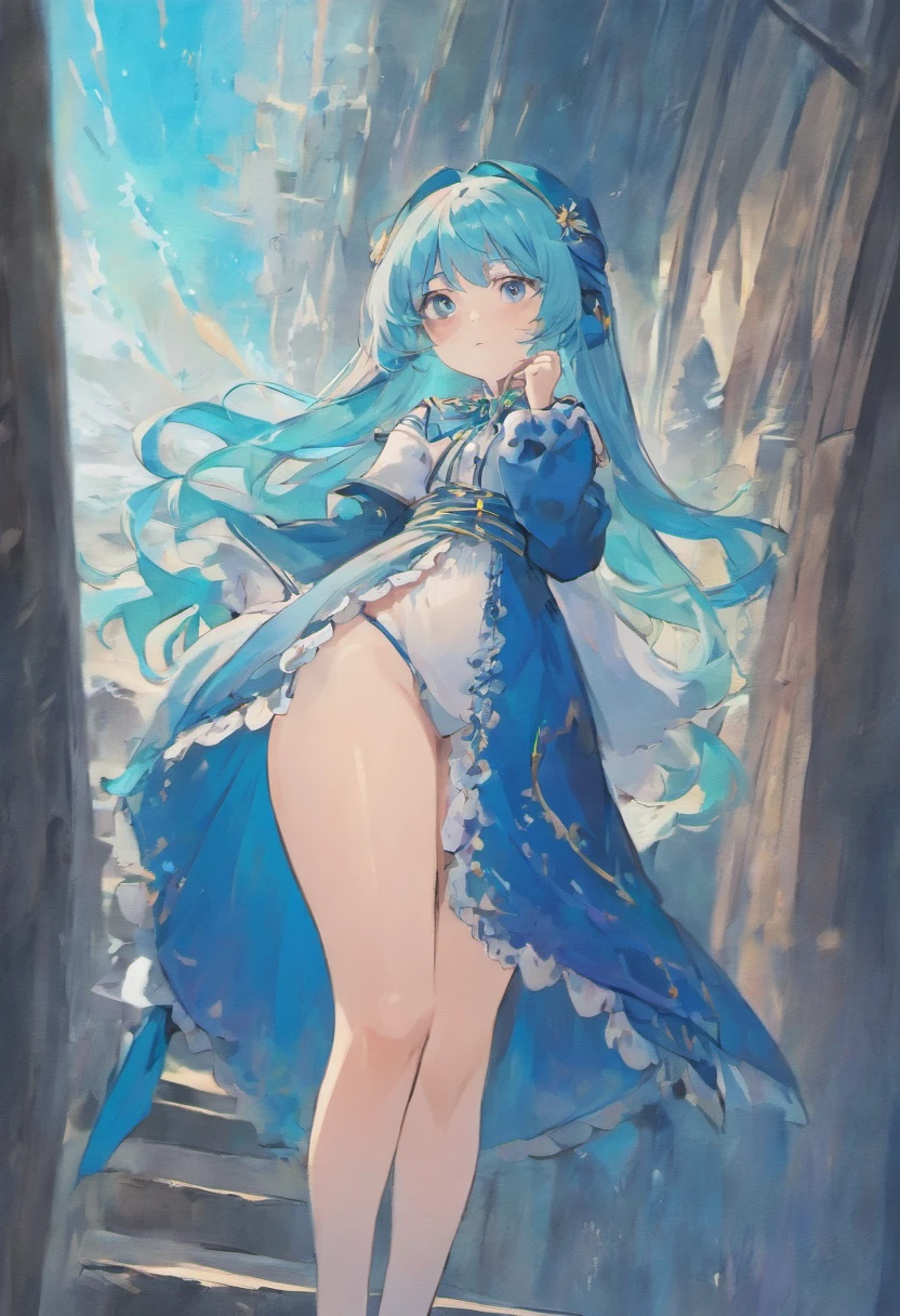1girl, solo, Blue long hair, wearing blue mage robe, wearing white stockings, big ass, blue eyes, full body, beach background , pink lips, blush , tall, curvy, detailed, best quality, close up, full body