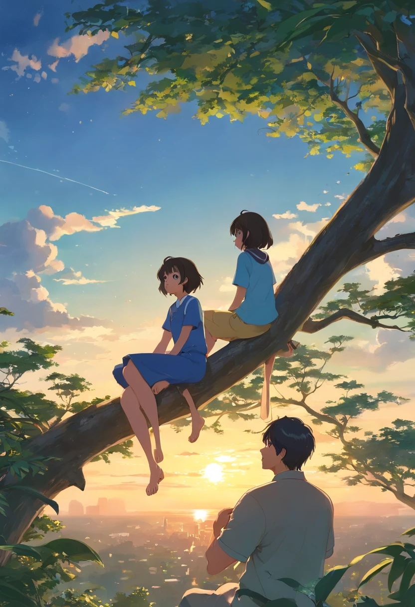 1girl and 1man, (daughter sitting:1.2) on (higher tree branch:1.4), (her father standing:1.4) on the ground under the tree