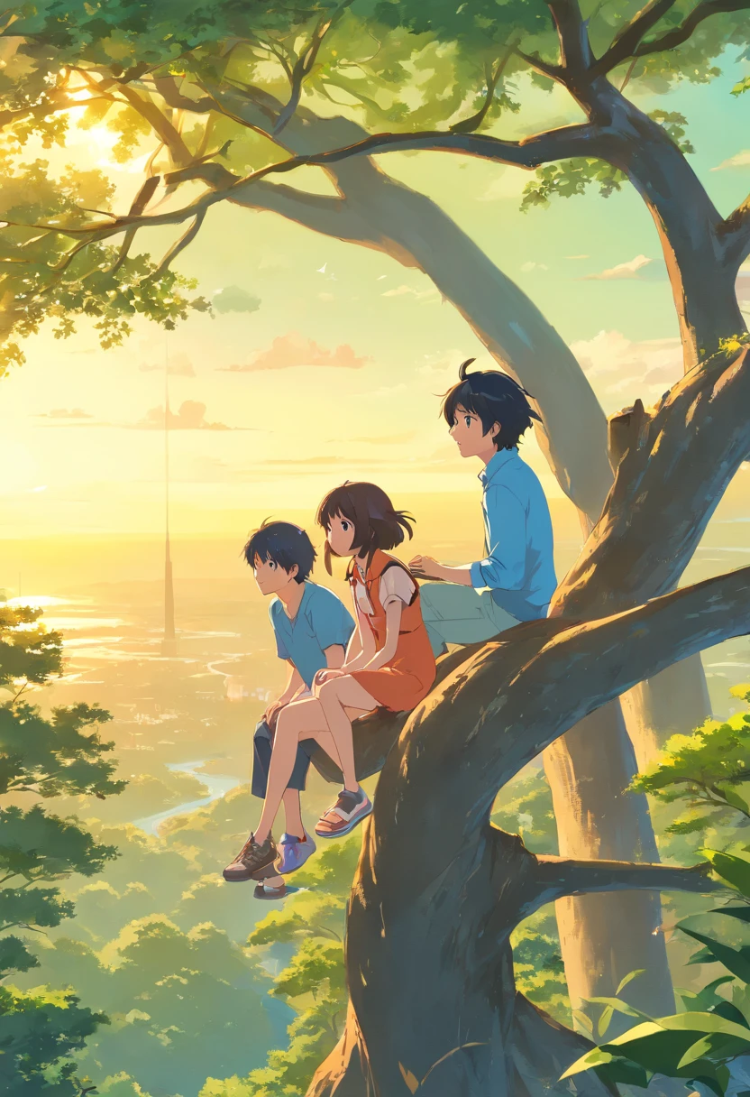 1girl and 1man, (daughter sitting:1.2) on (higher tree branch:1.4), (her father standing:1.4) on the ground under the tree