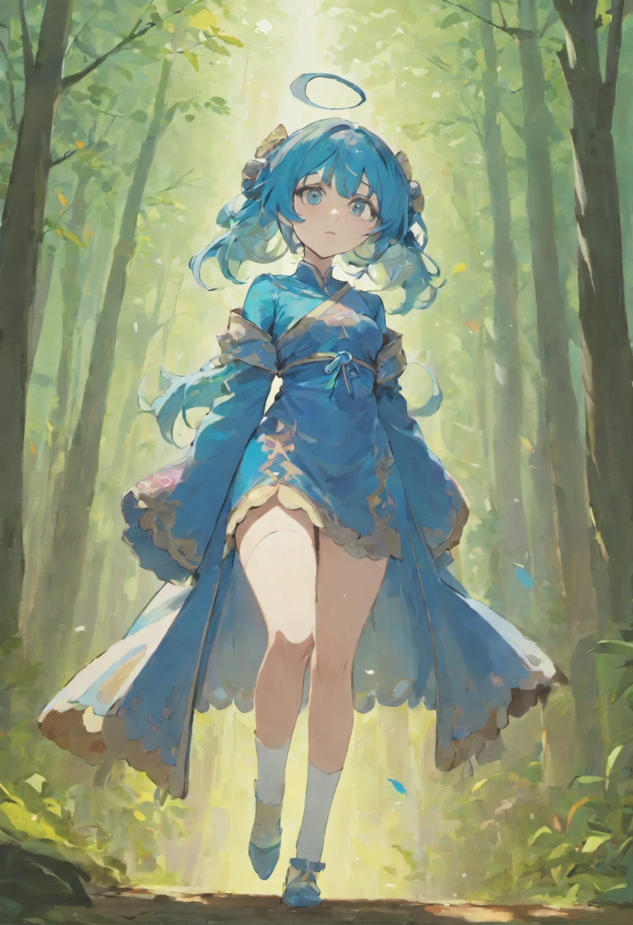 1girl, solo, looking at viewer, Blue long hair, wearing blue mage robe, wearing white stockings, big ass, blue eyes, full body, forest background, normal tits, pink lips, anime, tall, curvy, detailed, best quality, close up, full bodydiokonigsreuter