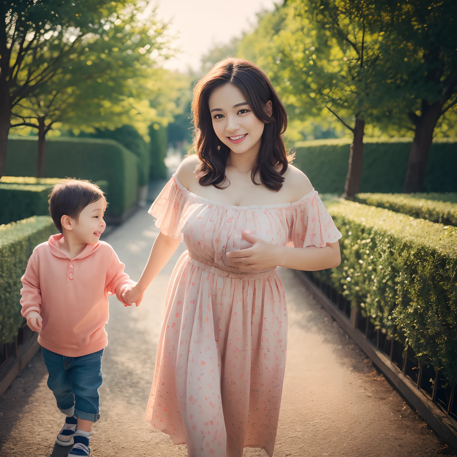 A mother and child, with a large-breasted mother, shopping together, holding hands, (((the child is 5 years old))), creating a joyful and heartwarming scene. (best quality,4k,8k,highres,masterpiece:1.2),ultra-detailed,(realistic,photorealistic,photo-realistic:1.37),HDR,UHD,studio lighting,ultra-fine painting,sharp focus,physically-based rendering,extreme detail description,professional,vivid colors,bokeh, portraits,colorful and vibrant palette,soft and gentle lighting.