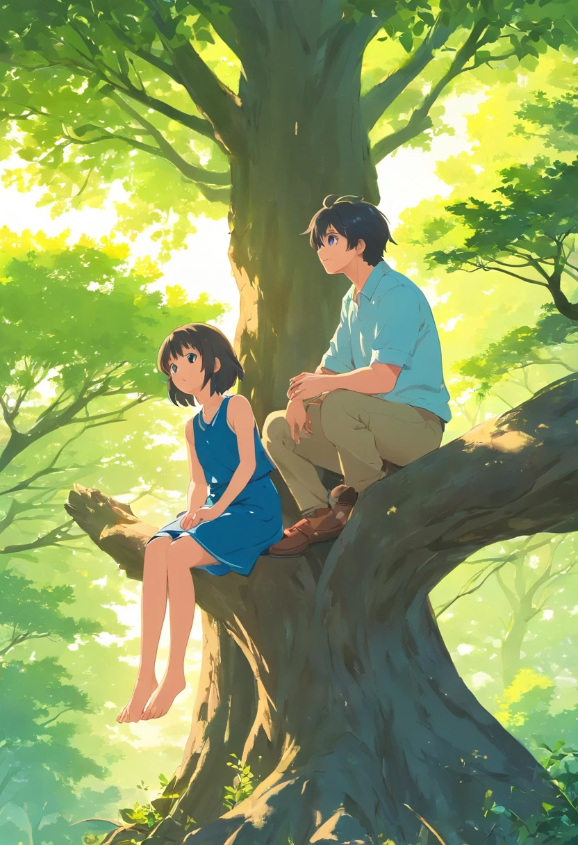 daughter and young father, (daughter sitting:1.2) on (higher tree branch:1.4), (her father standing:1.5) on the ground under the tree