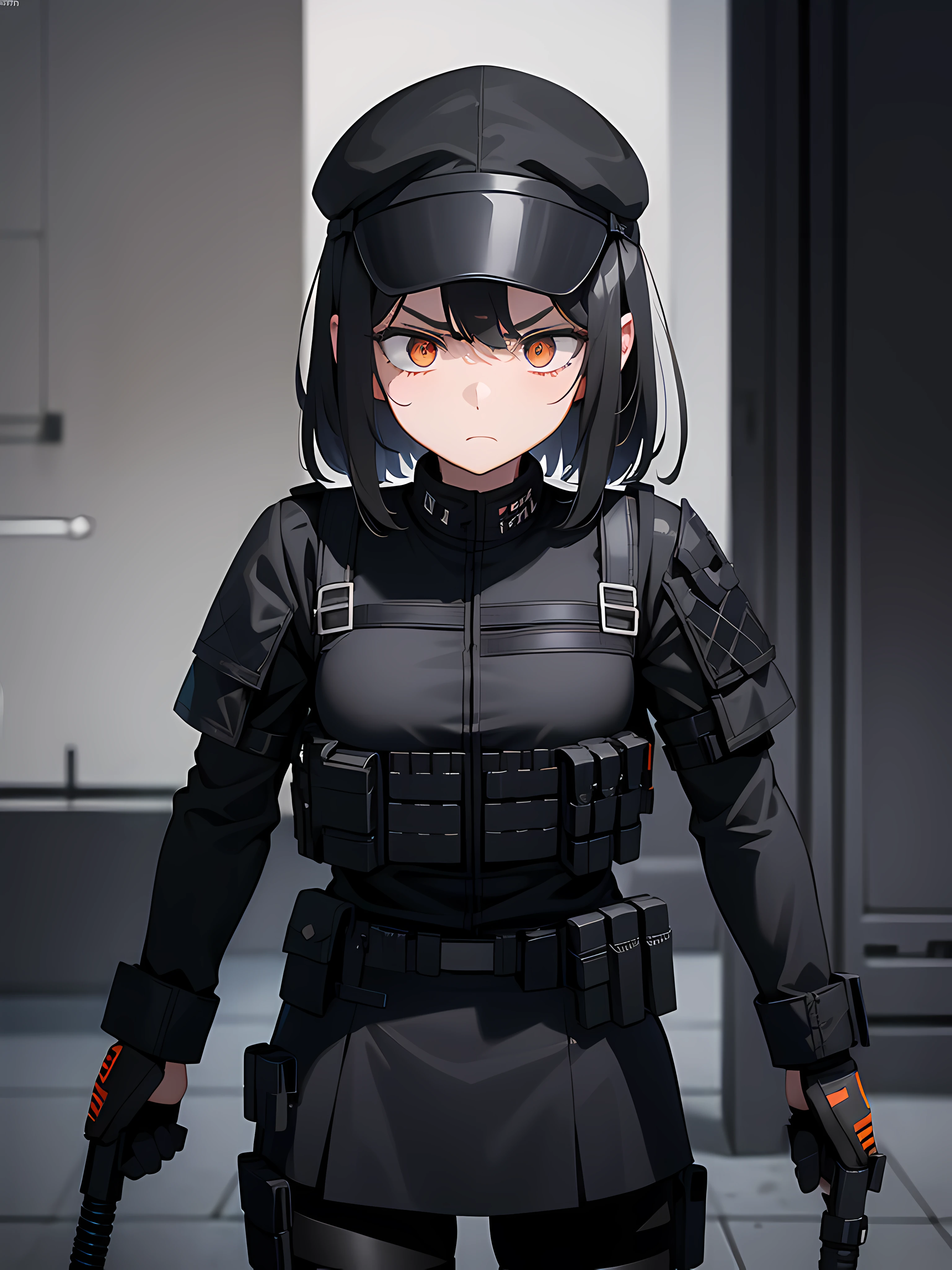 1girl, 2clones, black tactical cap, cap, tactical black railed headset, black long messy hair, black plain tshirt, armored, black shoulder pads, black tactical vest, black armor pads, black handgun holster, black tactical socks, tactical skirt, focused, orange eyes, unamused, unhappy, unimpressed, upset, shadow