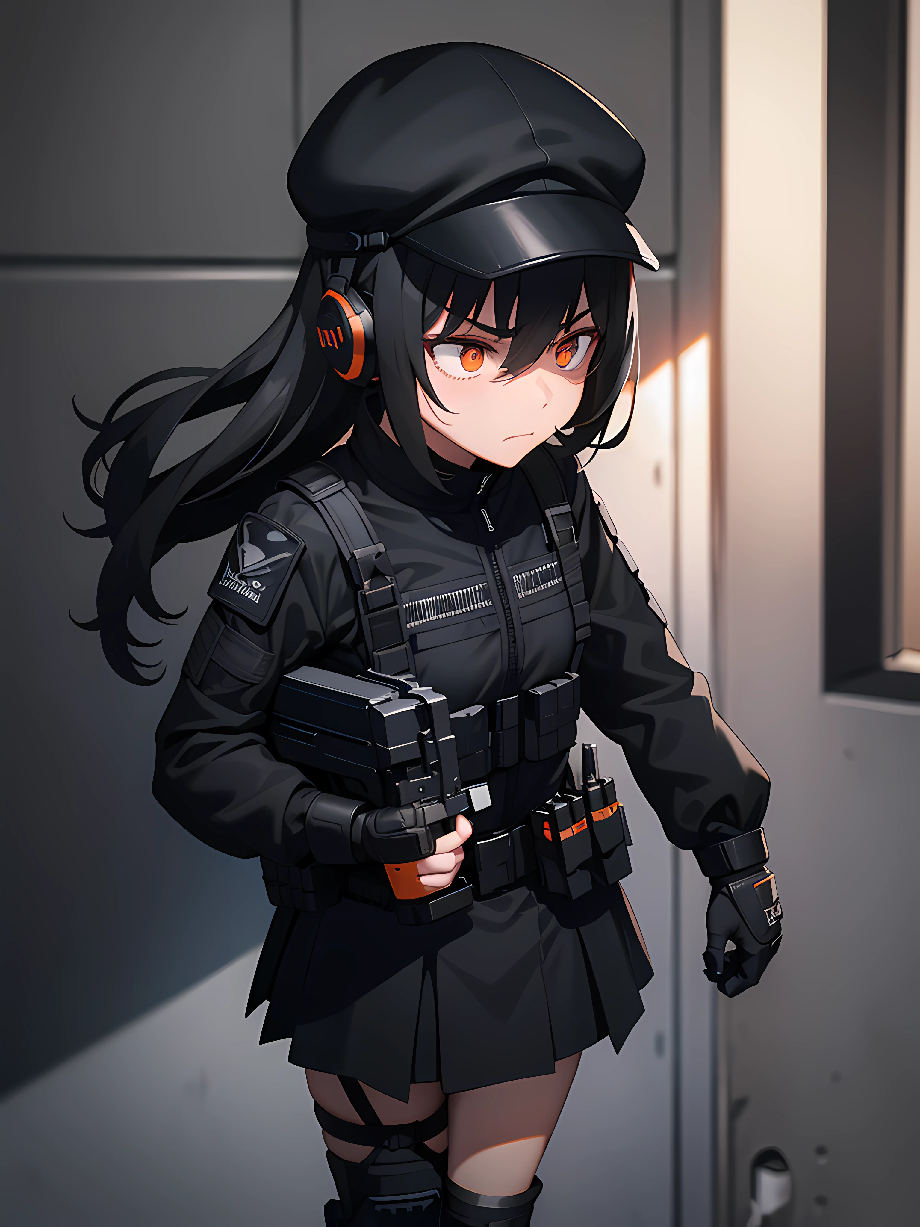 1girl, 2clones, black tactical cap, cap, tactical black railed headset, black long messy hair, black plain tshirt, armored, black shoulder pads, black tactical vest, black armor pads, black handgun holster, black tactical socks, tactical skirt, focused, orange eyes, unamused, unhappy, unimpressed, upset, shadow