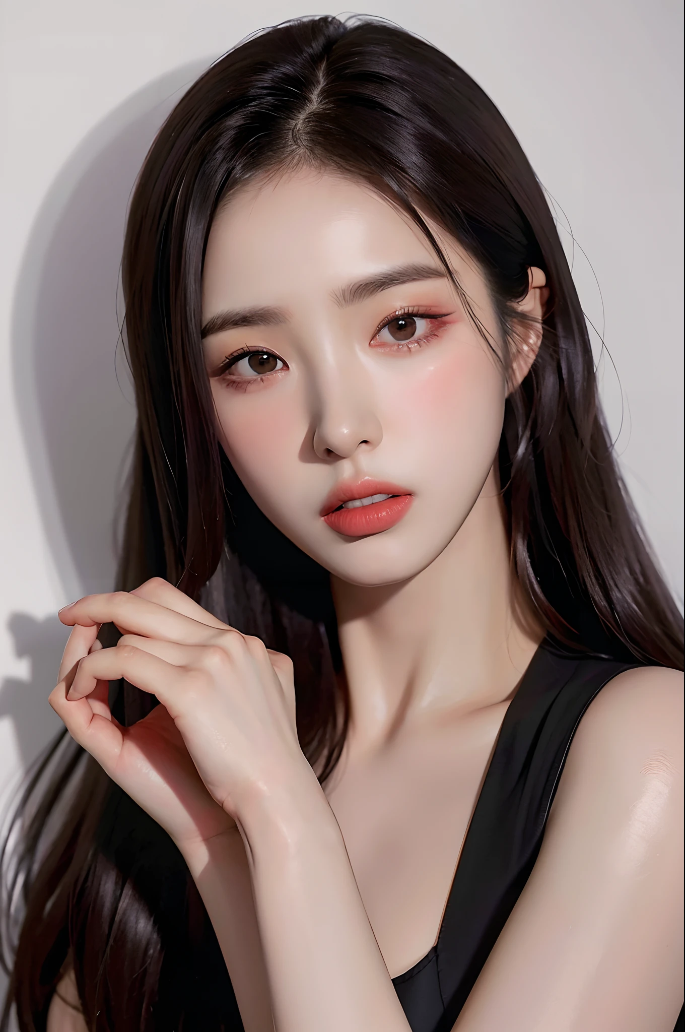 Best quality, masterpiece, ultra high res, (photorealistic:1.4), raw photo, 1girl, long straight black hair, makeup, parted lips,looking at viewer