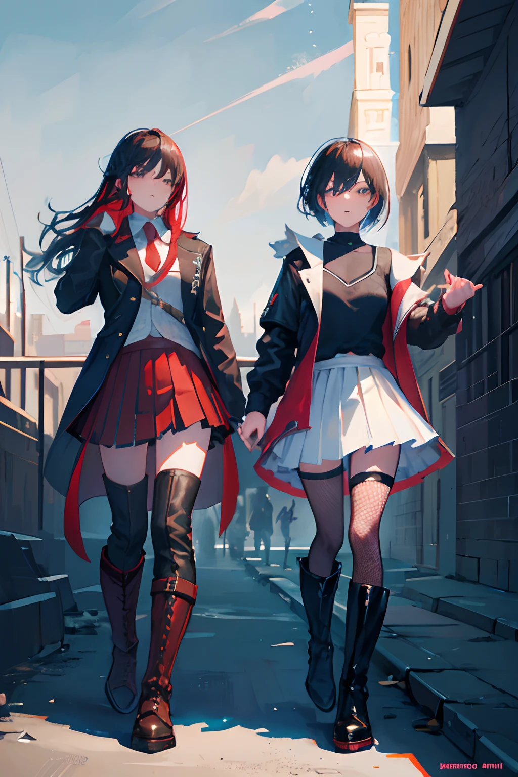 Wallpaper, Black Desert Online, Battle, Guns, Female, Friends, Teenagers in School Uniform, Small Chest, Full Body, Jacket in random Color, Tighs,Random Color Boots, Fishnets