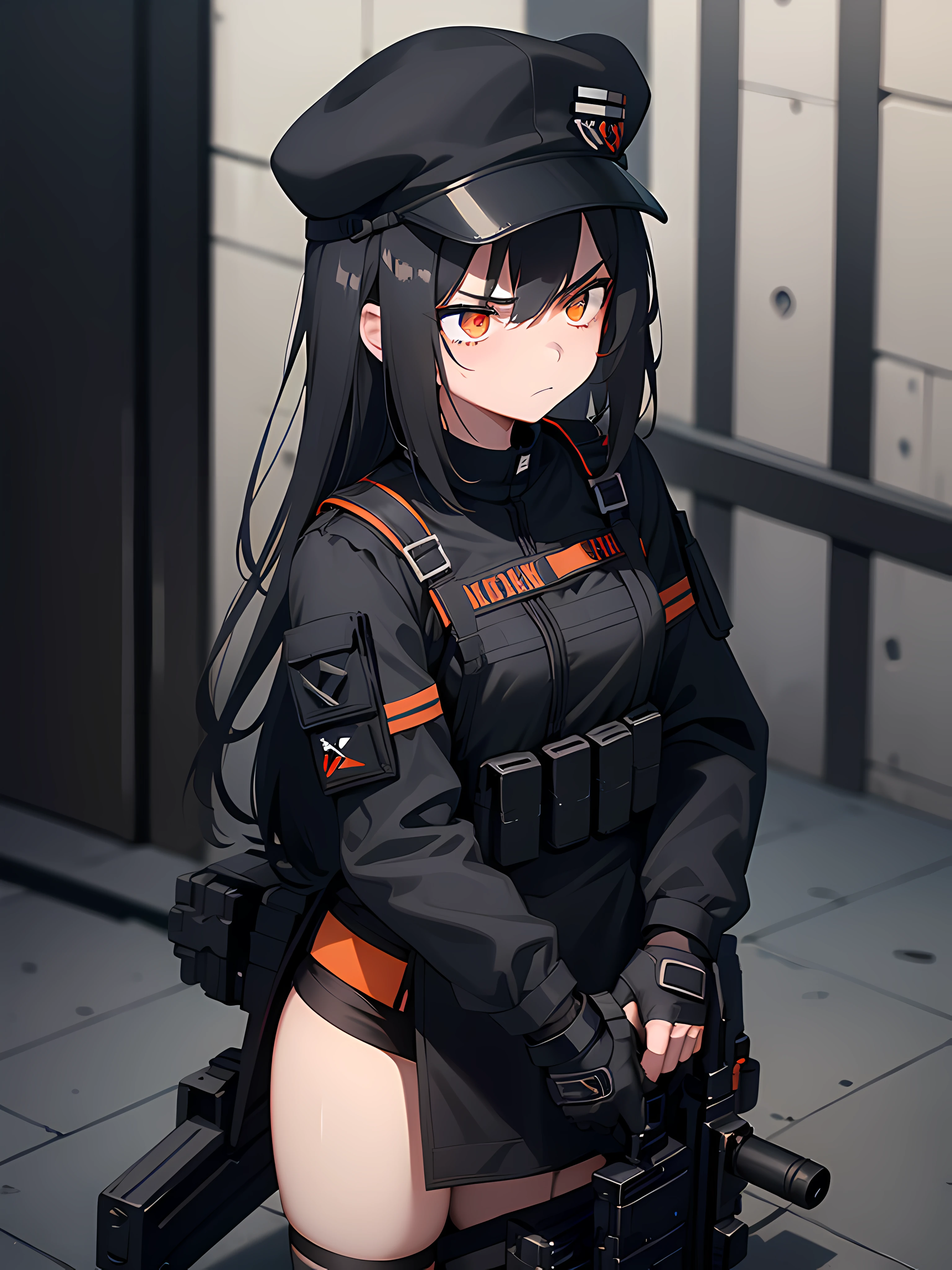 1girl, 2clones, black tactical cap, cap, tactical black railed headset, black long messy hair, black plain tshirt, armored, black shoulder pads, black tactical vest, black armor pads, black handgun holster, black tactical socks, tactical skirt, focused, orange eyes, unamused, unhappy, unimpressed, upset, shadow