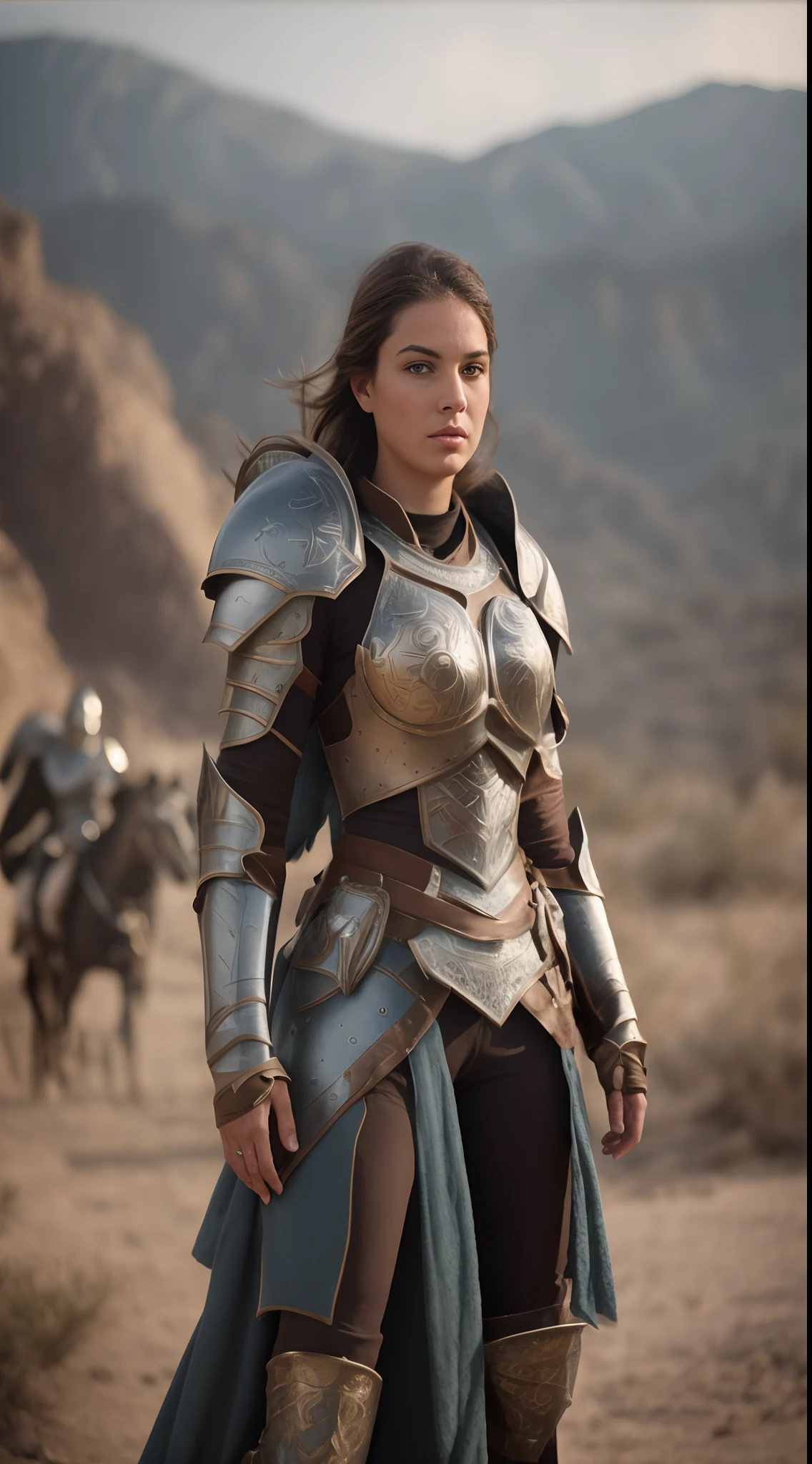 Woman in armor standing in a desert area, menina na armadura do cavaleiro, Poots Imogen como um paladino, gorgeous female paladin, cavaleiro feminino bonito, fantasia paladin mulher, picture of female paladin, female paladin, Eliseu Cuthbert como um Paladino, de uma bela cavaleiro feminina, usando armadura de fantasia, cavaleiro feminino