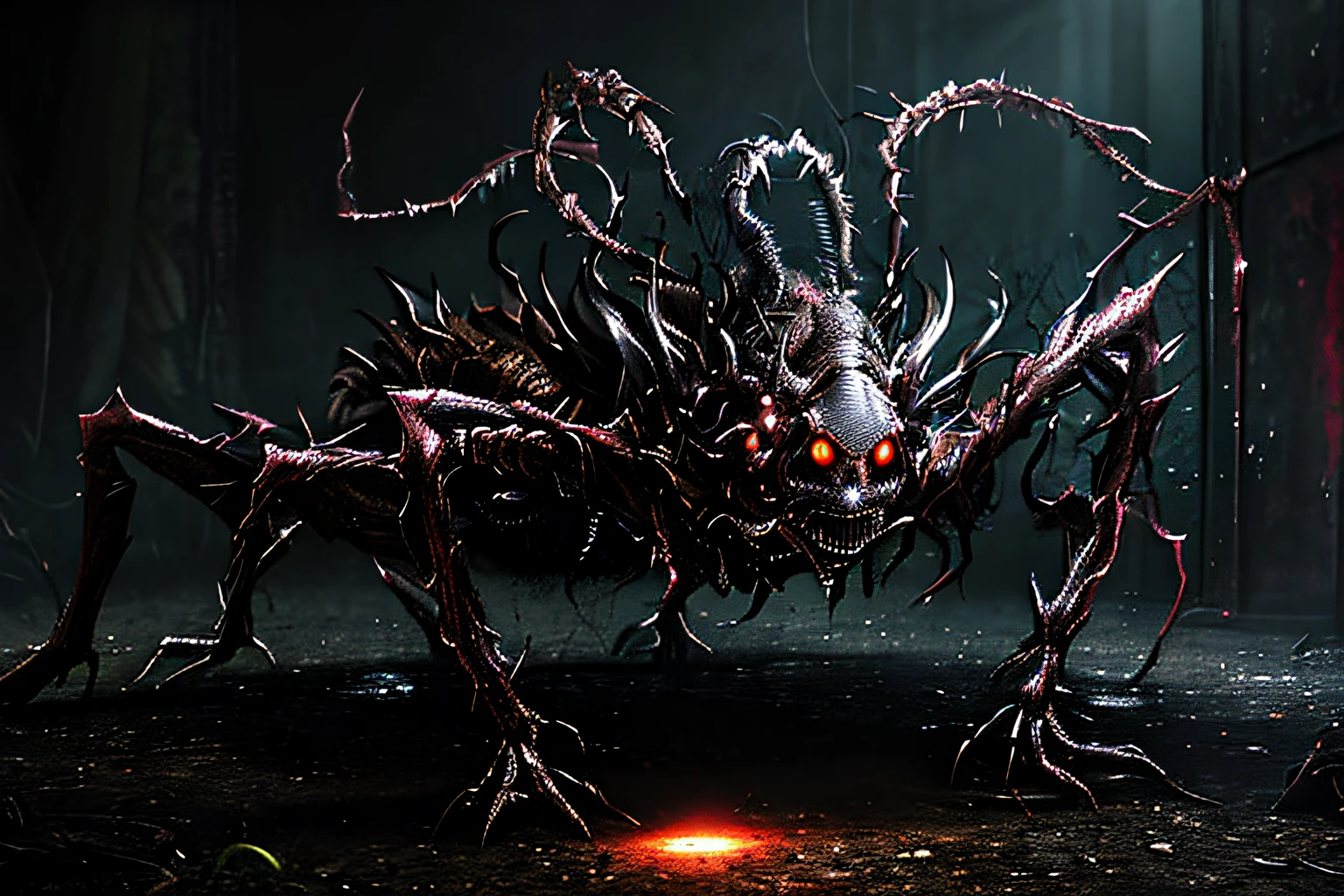 a close up of a creepy spider with a light shining on it, creepy mutant flesh creature, resident evil virus concept art, the evil within monster, creepy creature, nightmare creature, horror concept art, nightmarish illustration, monster concept art, creature concept art, madness creature, a humanoid thistle monster, insectoid, silent hill concept art, demonic creature