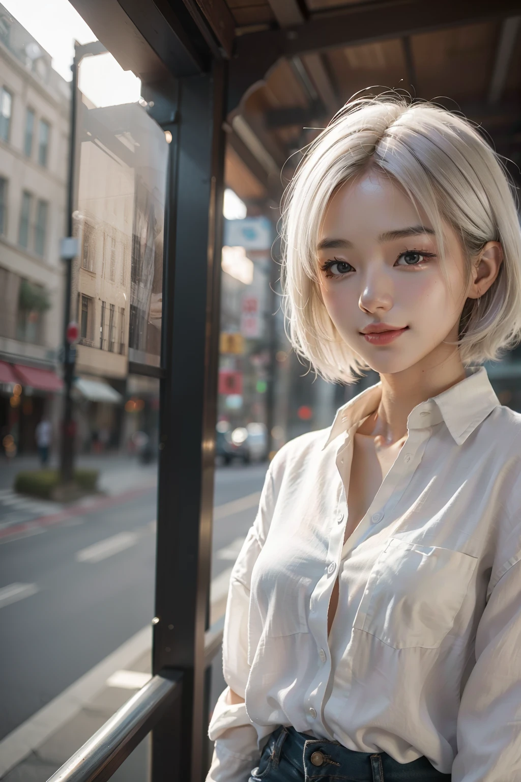 (masterpiece), (best quality), 8k resolution, 1girl, Asian girl, stunning beauty, perfect face, perfect body, mature female, 20yo, sexy, linen shirt, opened shirt, cinematic light, white hair, bobcut hair, smile, dslr, Fujifilm