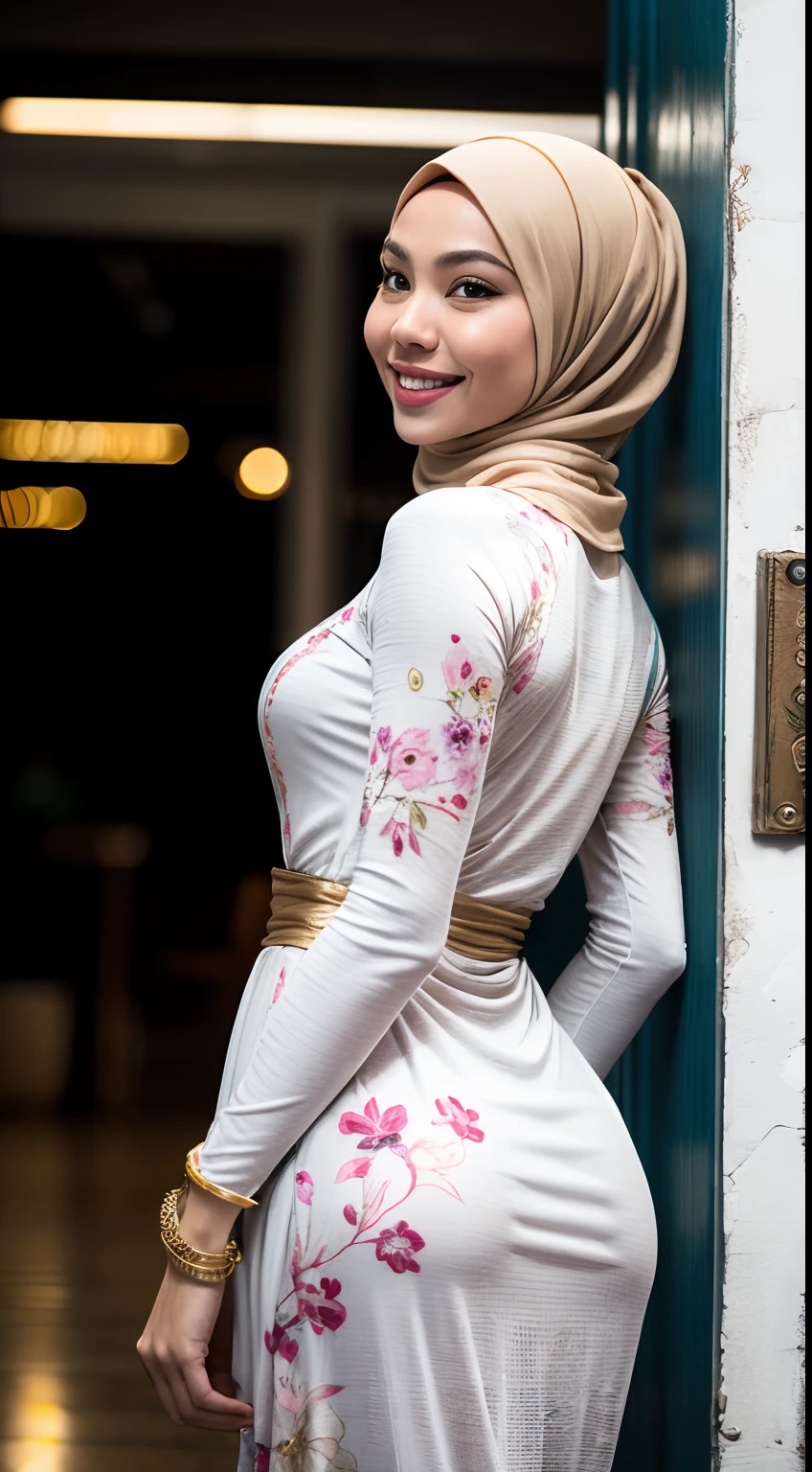 1 malay woman in hijab,((wear tight white baju kurung with small floral pattern)),(big buttocks), big round ass, Small chest, laughing smile, (hijab flying), de pele branca,big breasts thin waist, mexico-style street, Hyper-Realism, Cinematic lighting, depth of fields, From back below, vanishing point, F/2.8,  Anatomically correct, Textured skin, Super Detail, awardwinning, Best Quality, hight resolution,