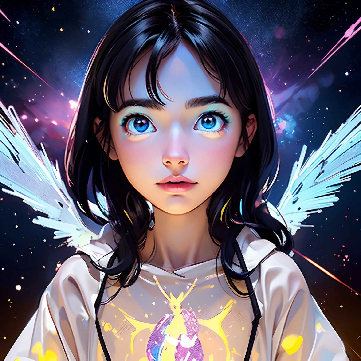 Cosmic Fallen Angel, Ojos claros y brillantes, biomech, misterioso, horripilante, Pesadilla, colores muy brillantes, light particles, con luz brillante, Mshiff, Arte de papel pintado, Fondo de pantalla UHD, Anakil Skywalker, 15 years, Ropa medieval