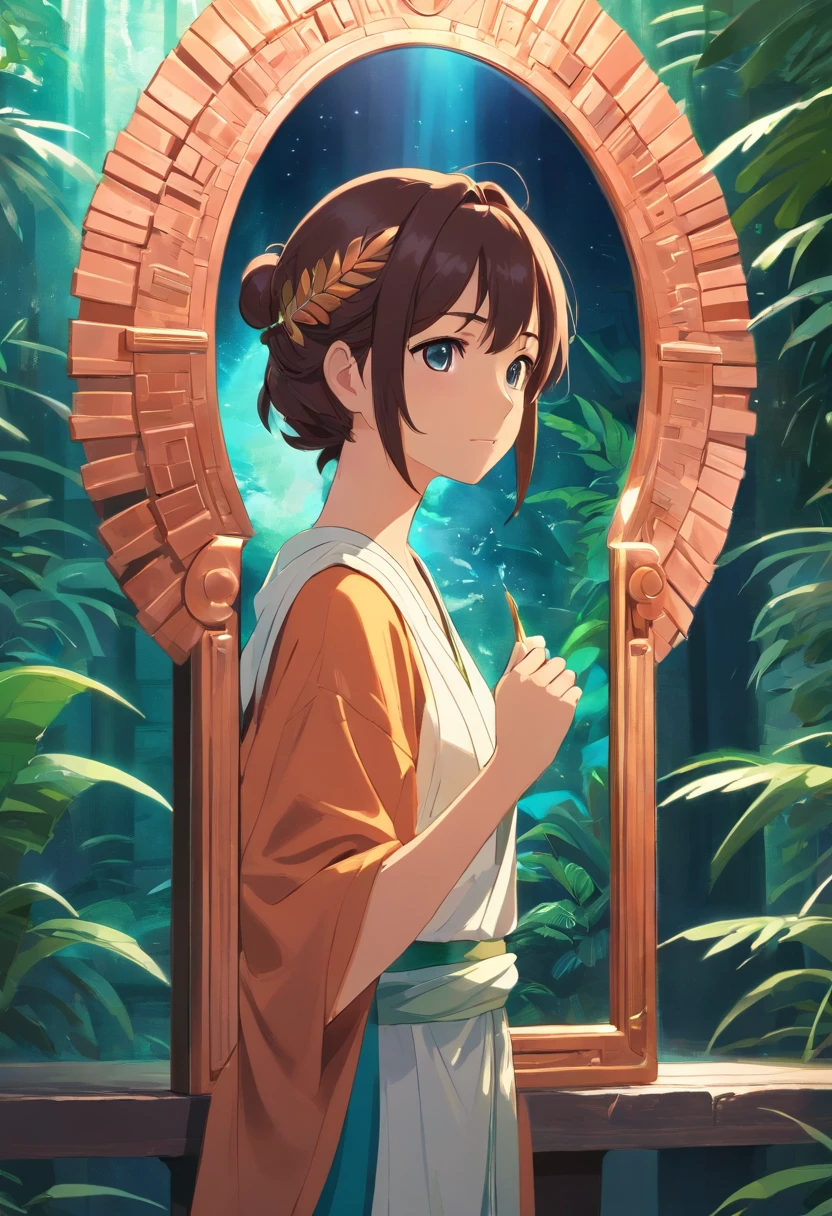 A mirror of Mayan civilization made of copper in hand，In the mirror is the face of a female