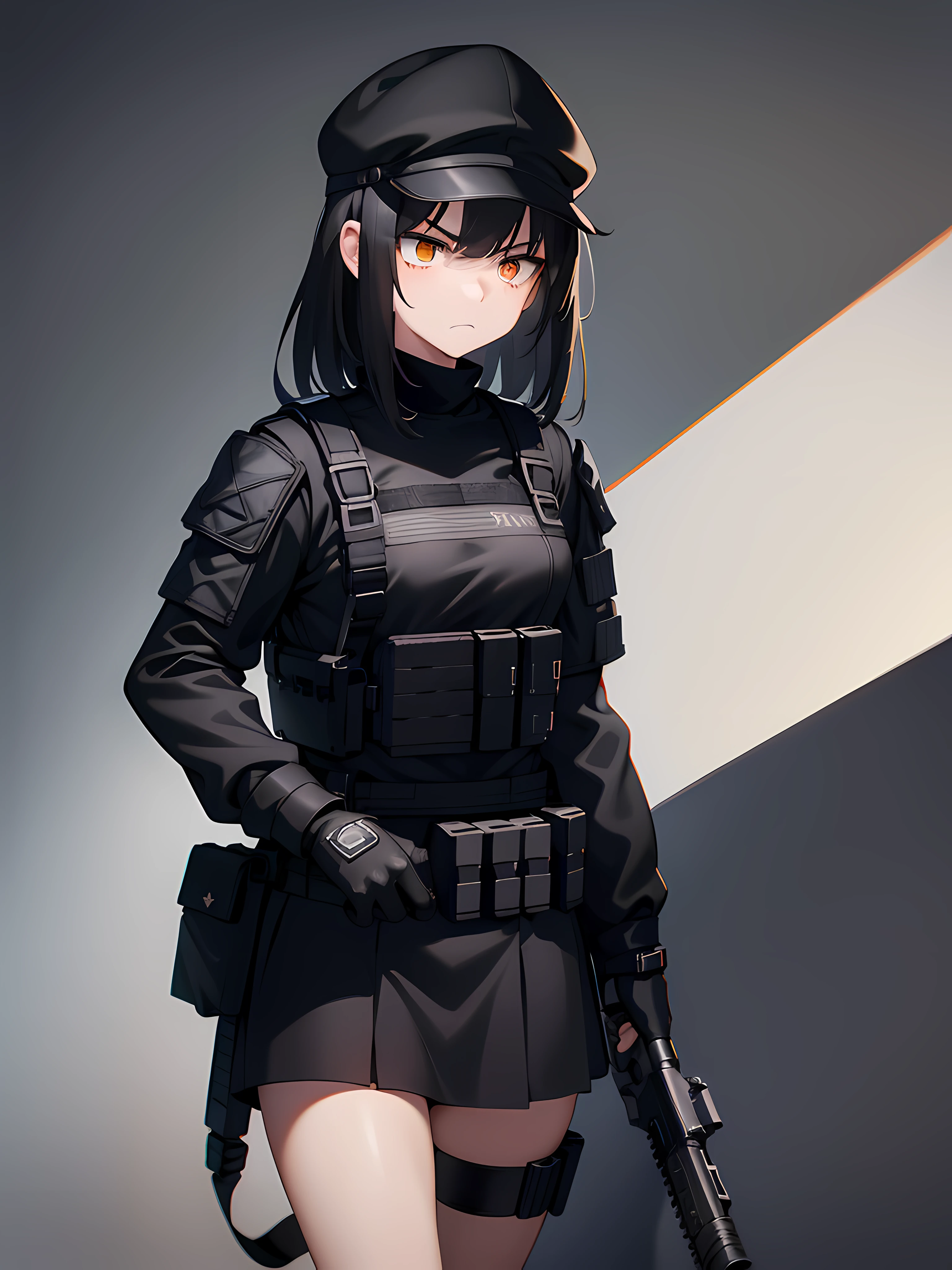 1girl, 2clones, black tactical cap, cap, tactical black railed headset, black long messy hair, black plain tshirt, armored, black shoulder pads, black tactical vest, black armor pads, black handgun holster, black tactical socks, tactical skirt, focused, orange eyes, unamused, unhappy, unimpressed, upset, shadow