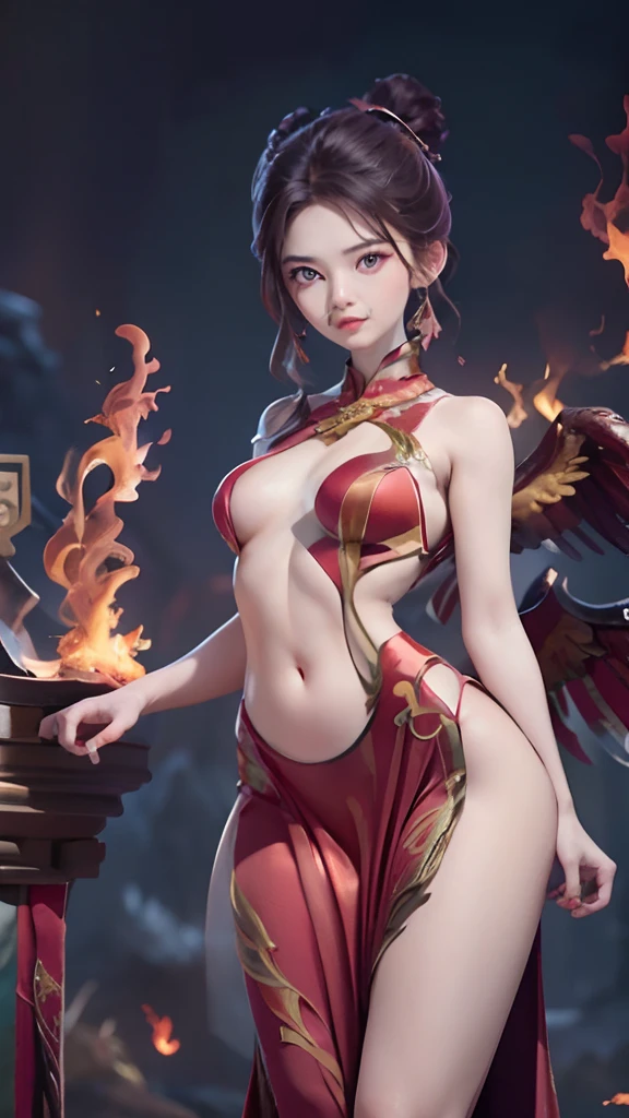 (Masterpiece, best quality: 1.2), a young girl in the red chinese dress with Flaming phoenix wings sprouted on both shoulders standing in a ring of fire, with glowing red eyes, phoenix, lotus flowers, red gold pink, sunrise from mountain at the background