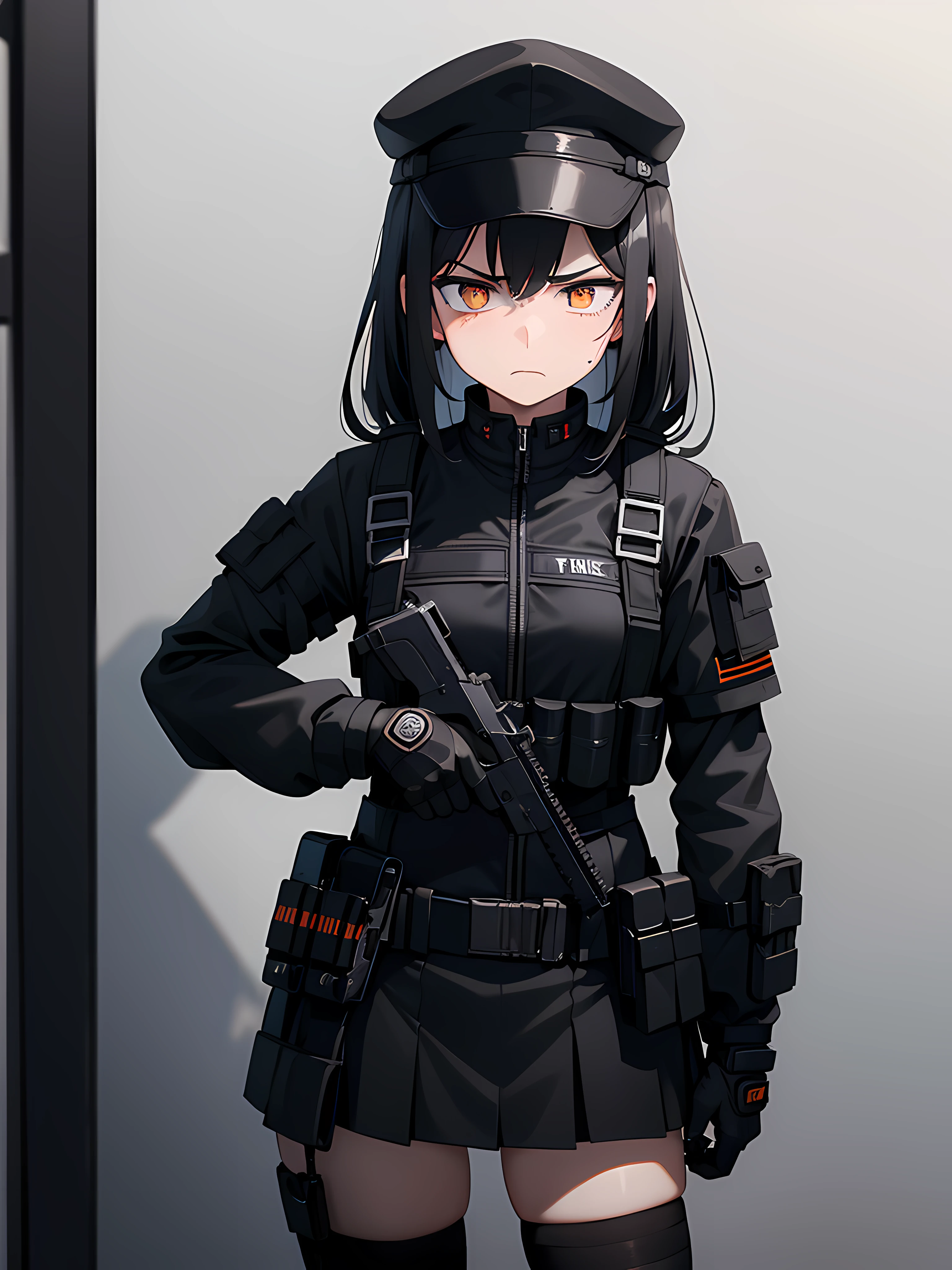 1girl, 2clones, black tactical cap, cap, tactical black railed headset, black long messy hair, black plain tshirt, armored, black shoulder pads, black tactical vest, black armor pads, black handgun holster, black tactical socks, tactical skirt, focused, orange eyes, unamused, unhappy, unimpressed, upset, shadow