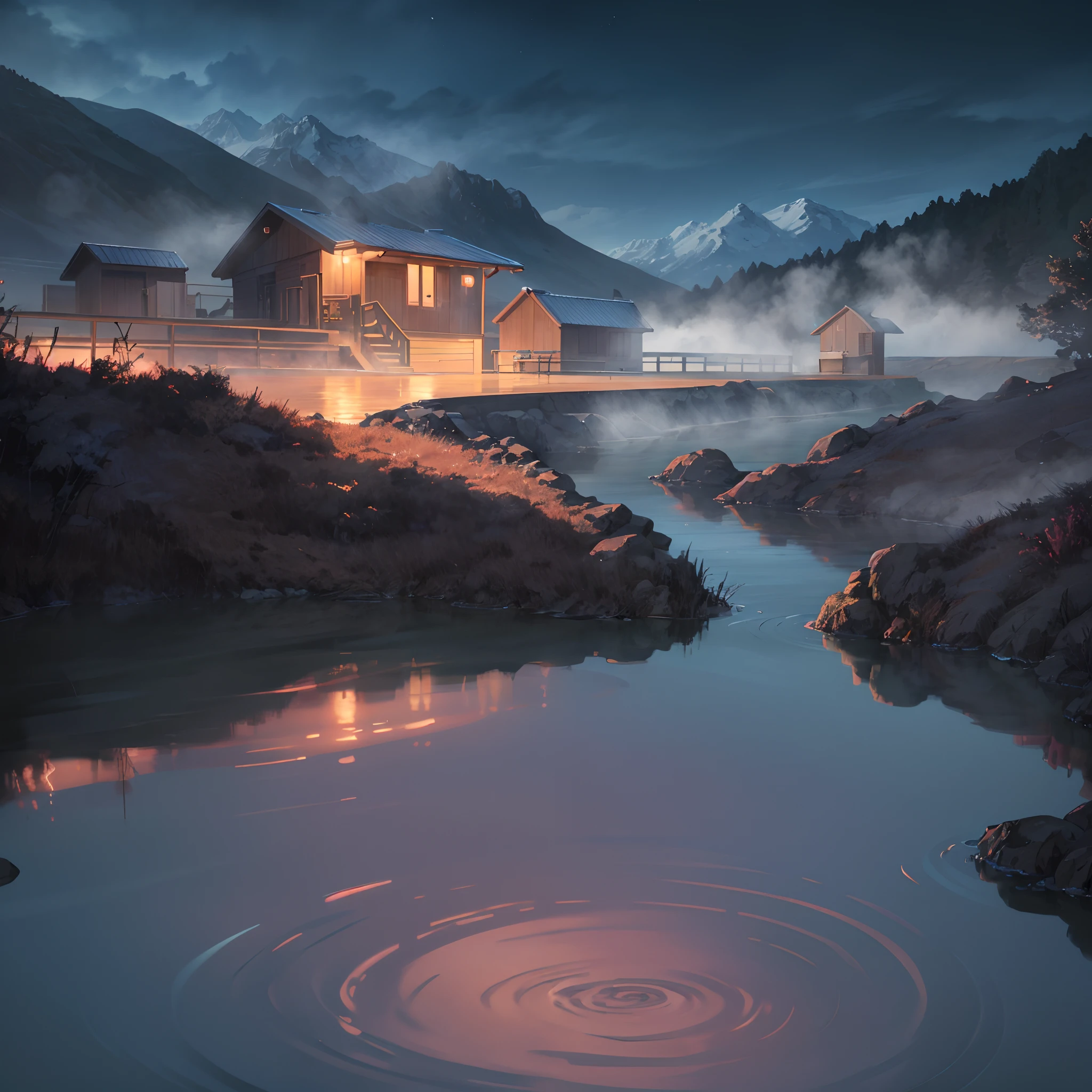 No Man, Hot Springs, Heat, Water Vapor, Night (Illustration: 1.0), Epic Composition, Realistic Lighting, HD Details, Masterpiece, Best Quality, (Very Detailed CG Unified 8k Wallpaper)