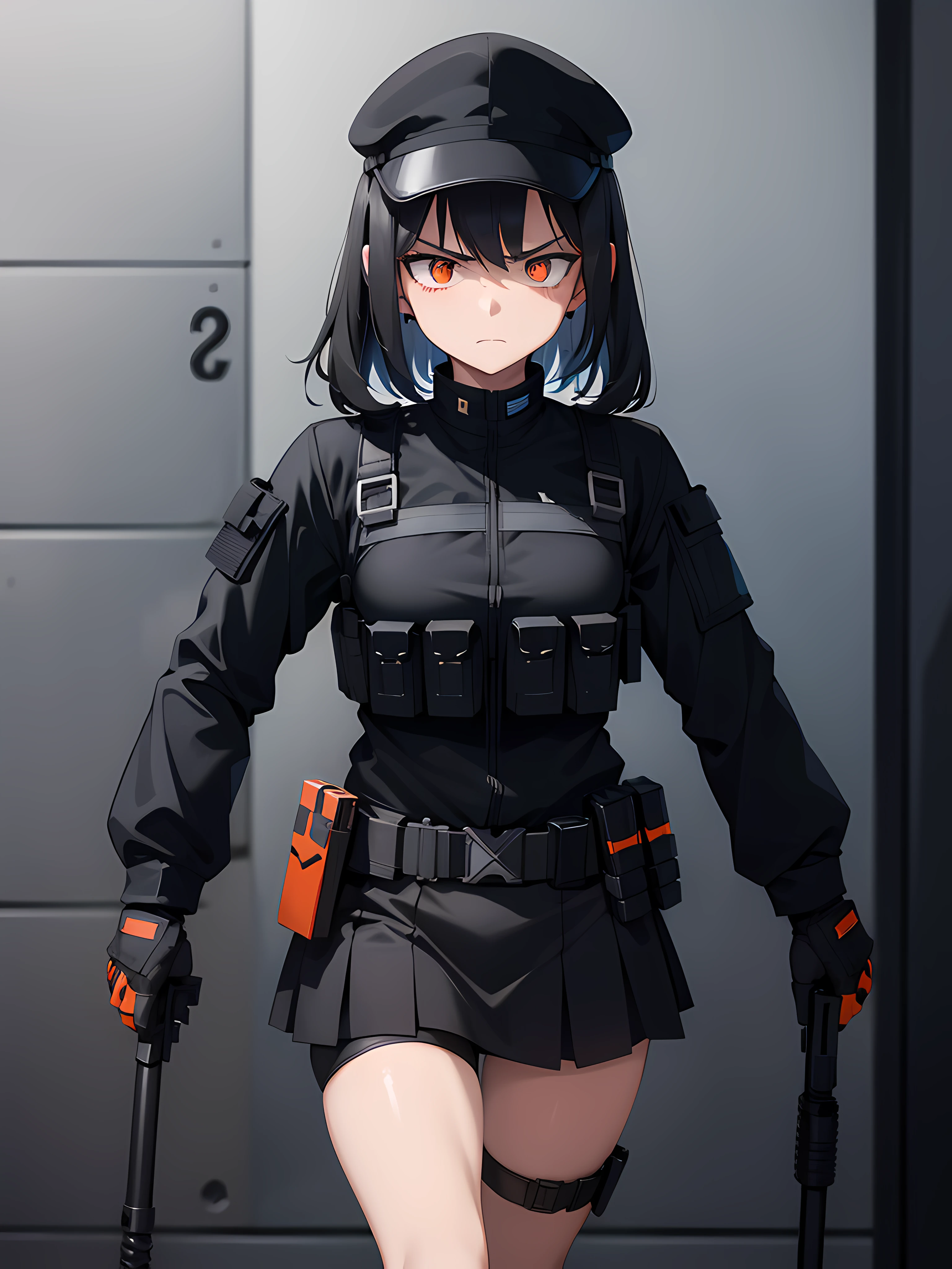 1girl, 2clones, black tactical cap, cap, tactical black railed headset, black long messy hair, black plain tshirt, armored, black shoulder pads, black tactical vest, black armor pads, black handgun holster, black tactical socks, tactical skirt, focused, orange eyes, unamused, unhappy, unimpressed, upset, shadow