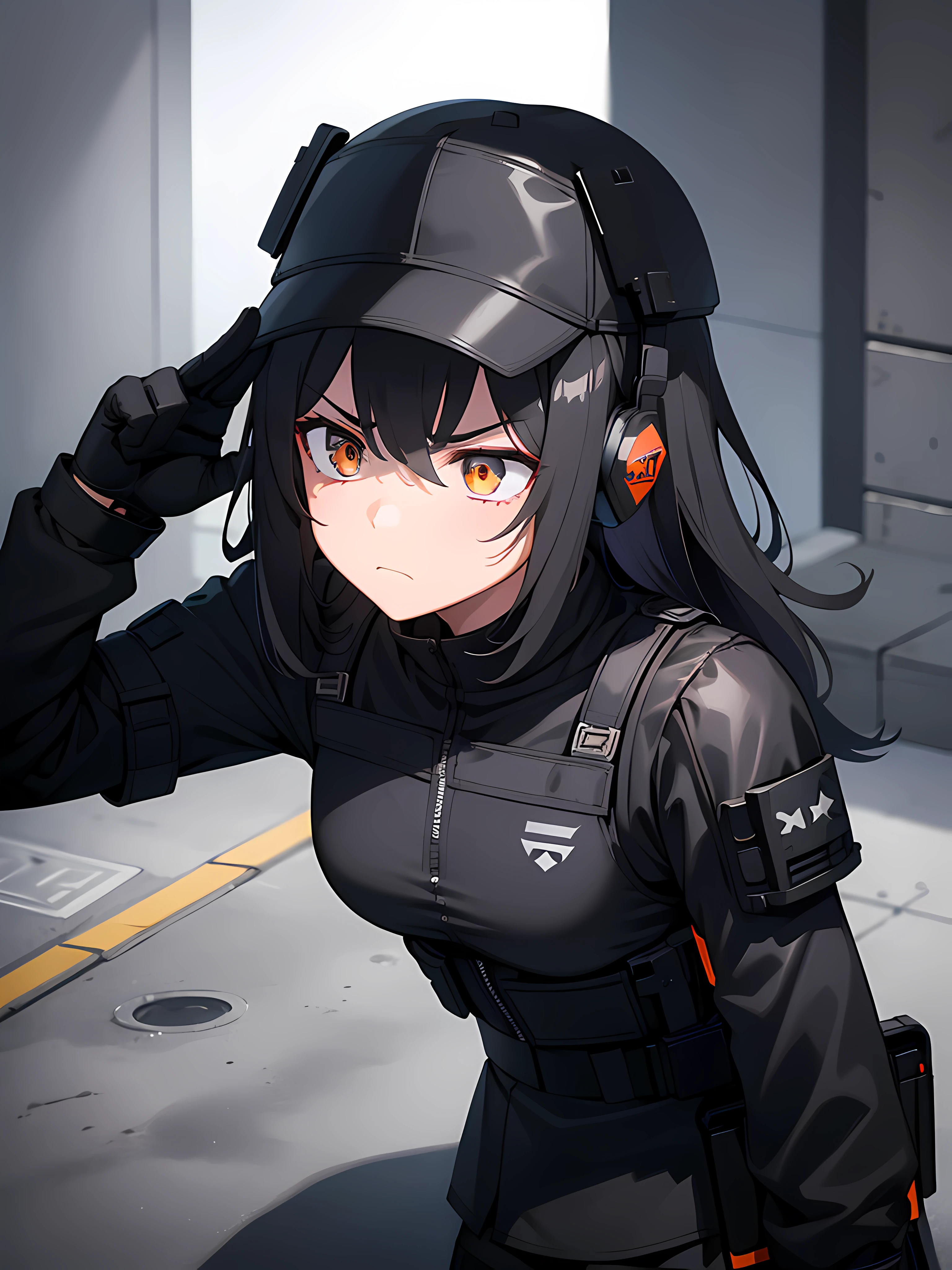 1girl, 2clones, black tactical cap, cap, tactical black railed headset, black long messy hair, black plain tshirt, armored, black shoulder pads, black tactical vest, black armor pads, black handgun holster, black tactical socks, tactical skirt, focused, orange eyes, unamused, unhappy, unimpressed, upset, shadow