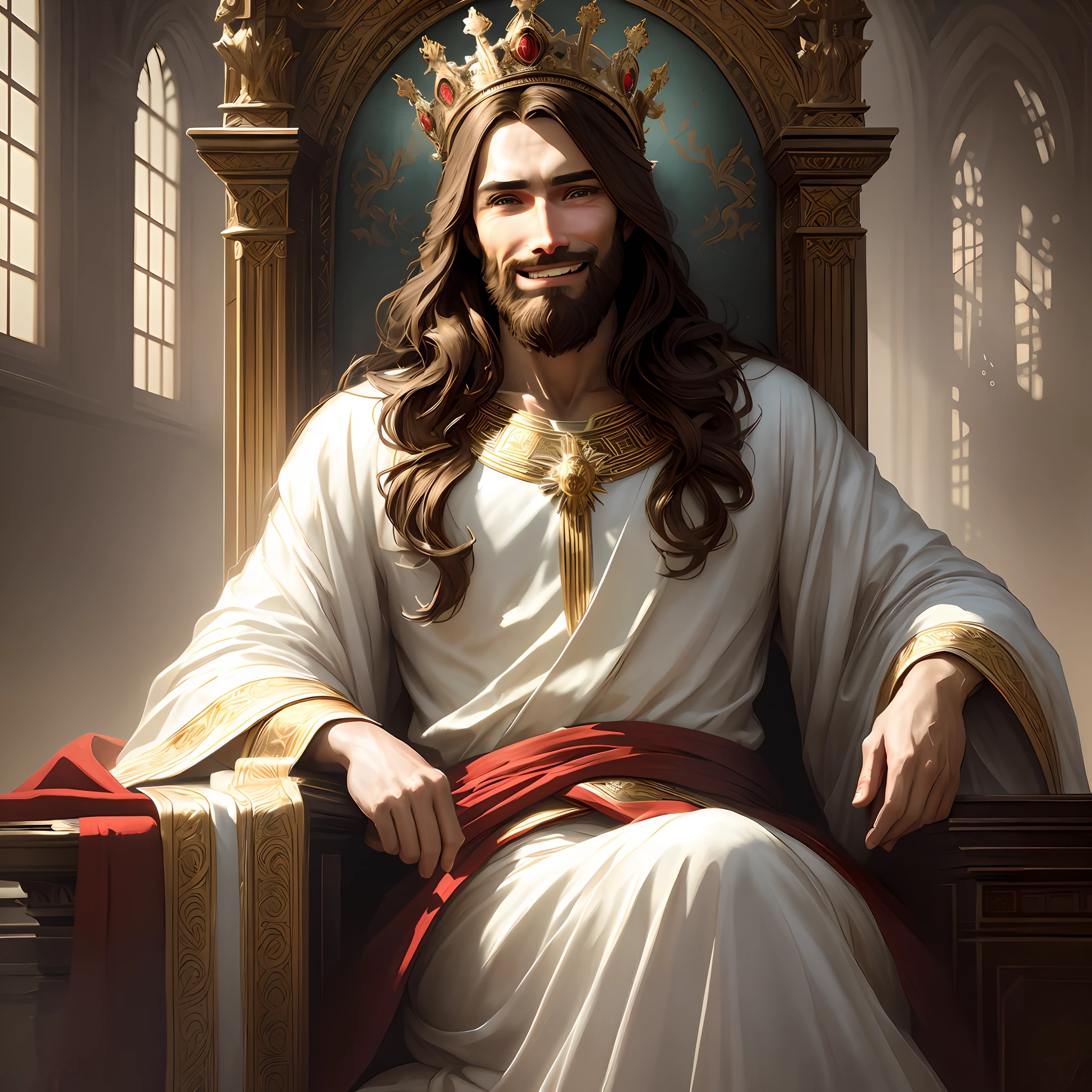 Jesus has a countenance of joy, His face is masculine and he has a smile of compassion