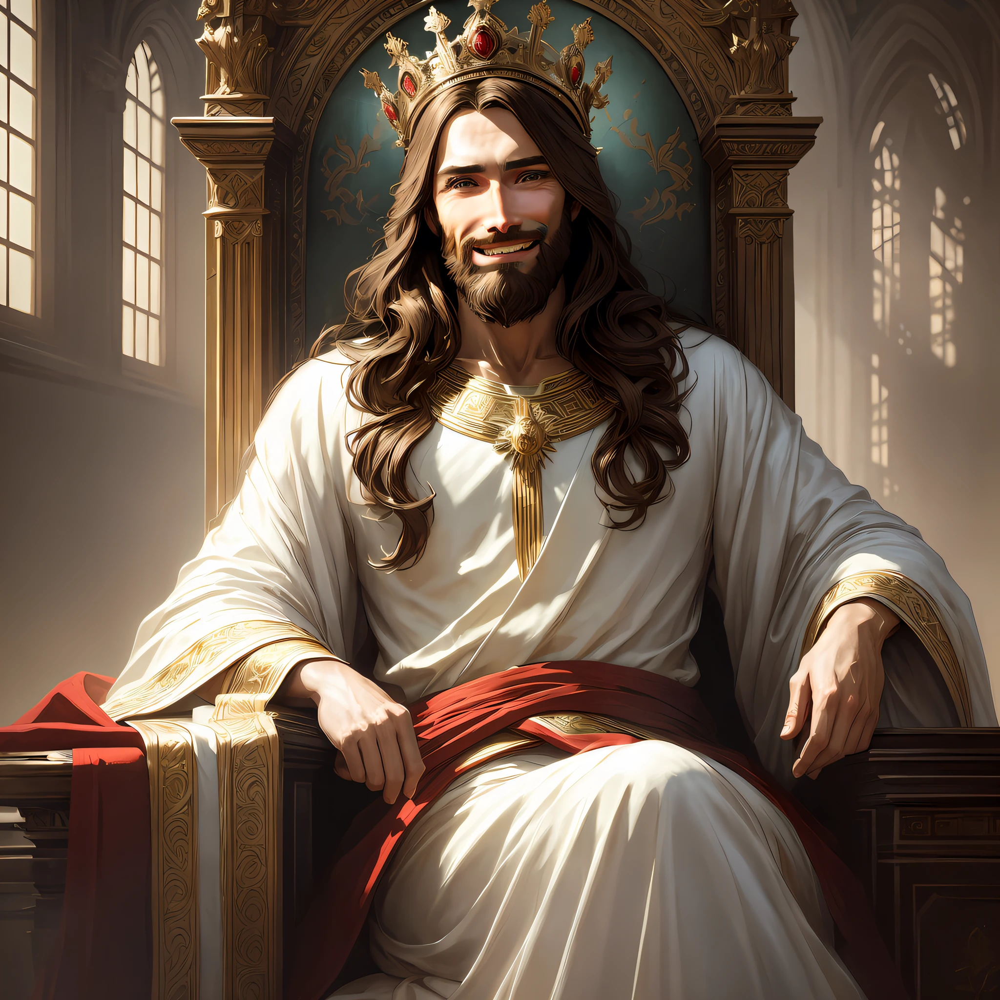 Jesus has a countenance of joy, His face is masculine and he has a smile of compassion