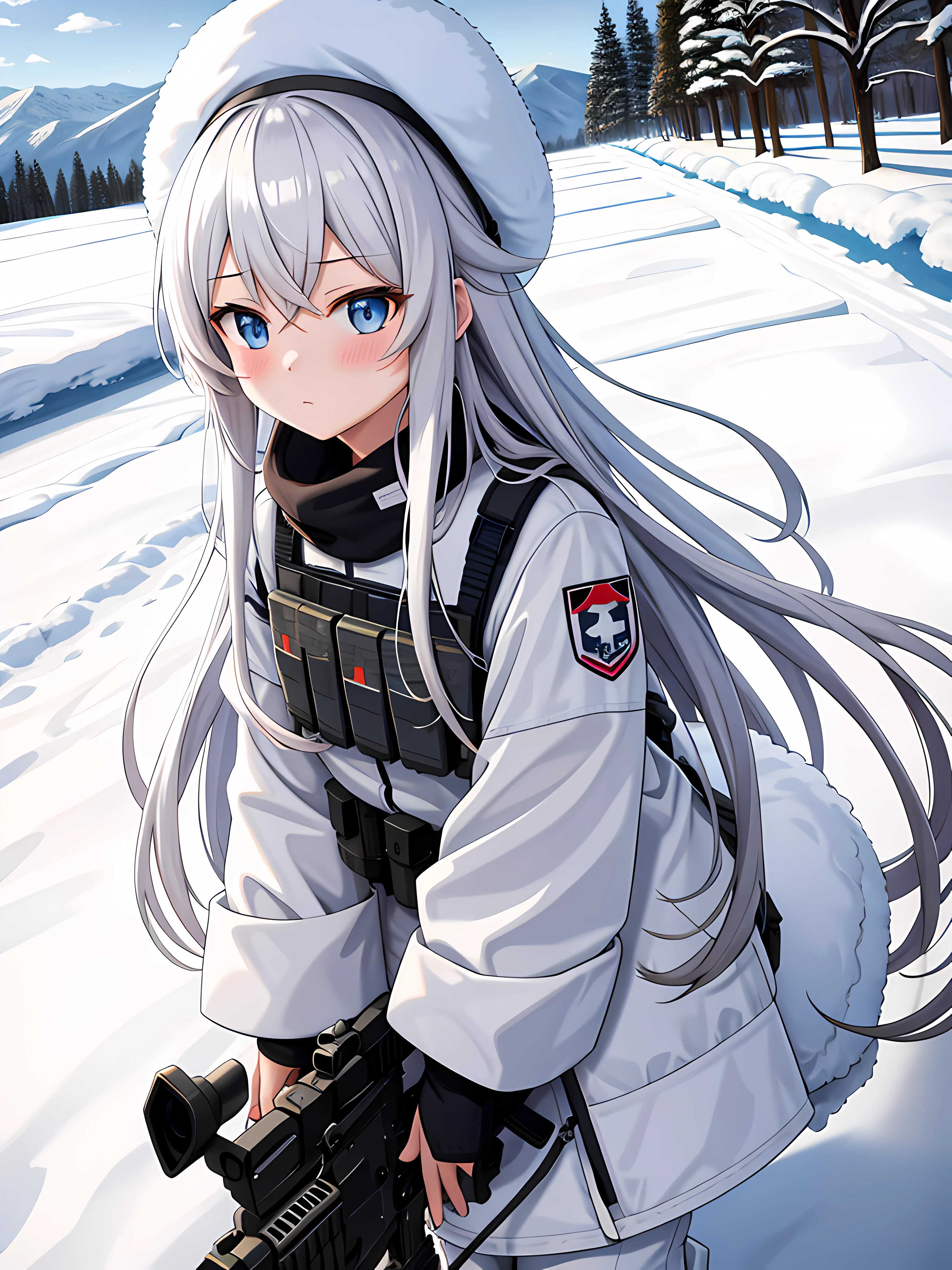 masterpiece, best quality, highres, anime, art, blush stickers, long hair, white hair, blue eyes. camouflage clothing, bulletproof vest, fluffy white winter hat, camouflage white pants, serious, gun in hand, outdoors, snowy mountain, snow, flowers