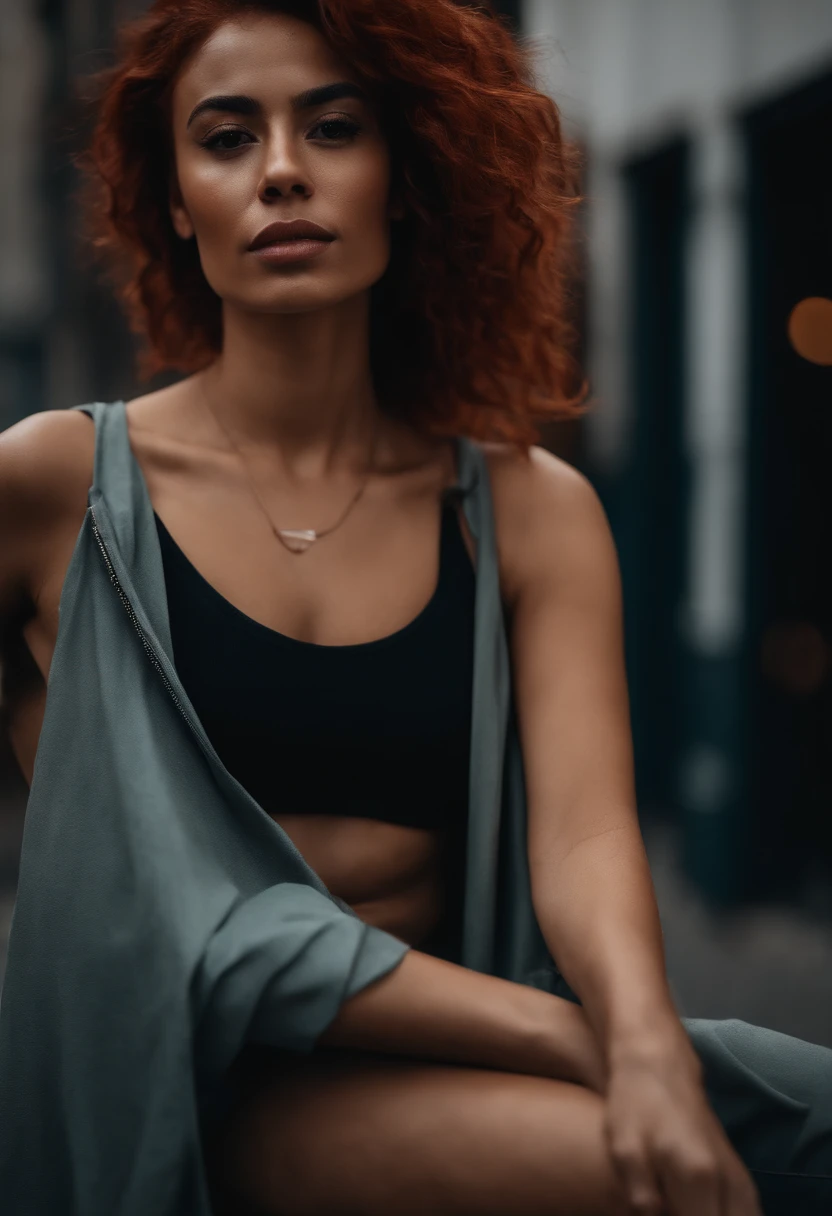A Latina urban goddess with caramel skin and vibrant red hair With scar marks on her right shoulder, lower lip and shoulder completely, sportive, fit girl, moyenne poitrine, Realstic, 25 ans