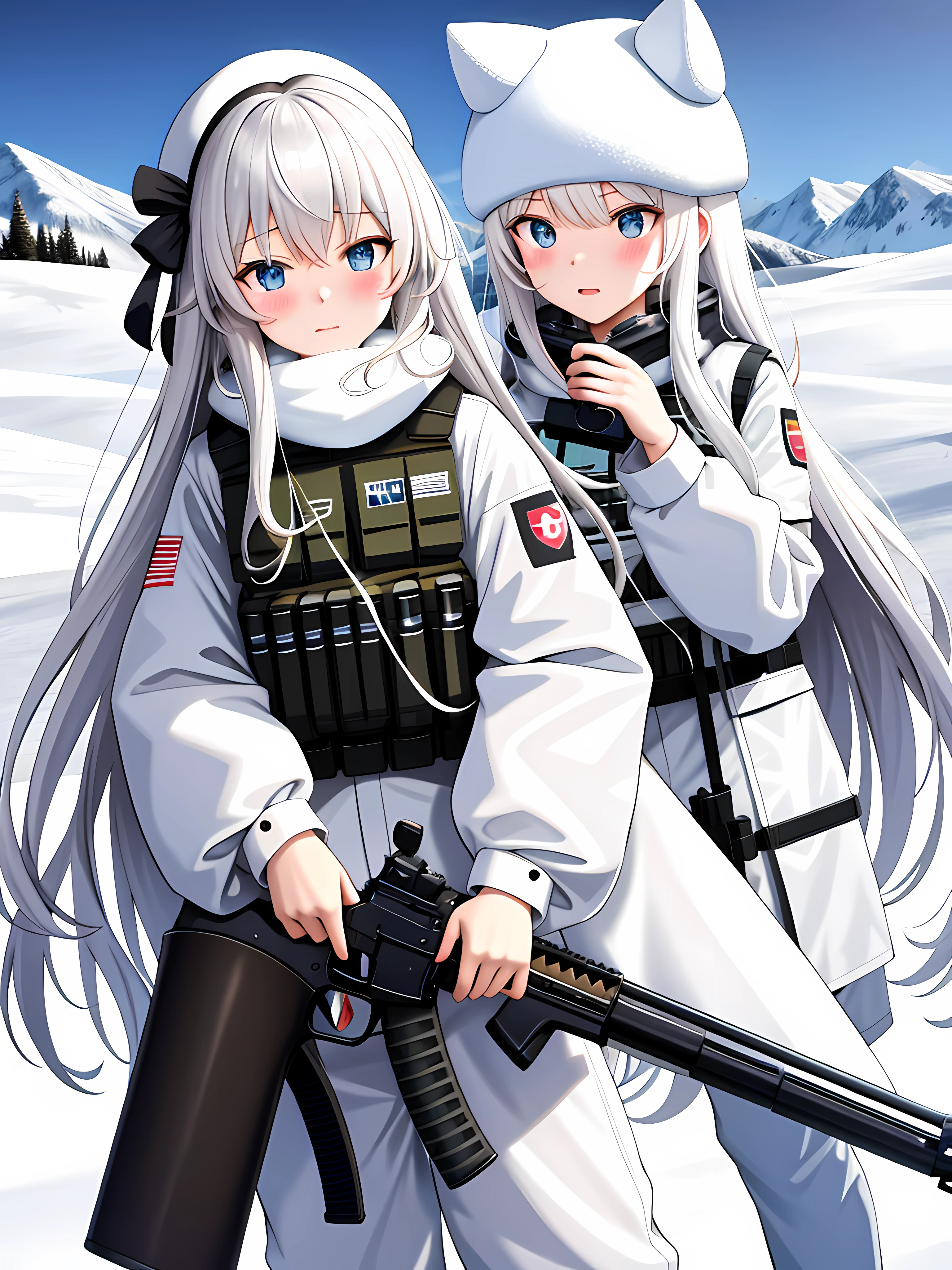masterpiece, best quality, highres, anime, art, blush stickers, long hair, white hair, blue eyes. camouflage clothing, bulletproof vest, fluffy white winter hat, camouflage white pants, serious, gun in hand, outdoors, snowy mountain, snow, flowers