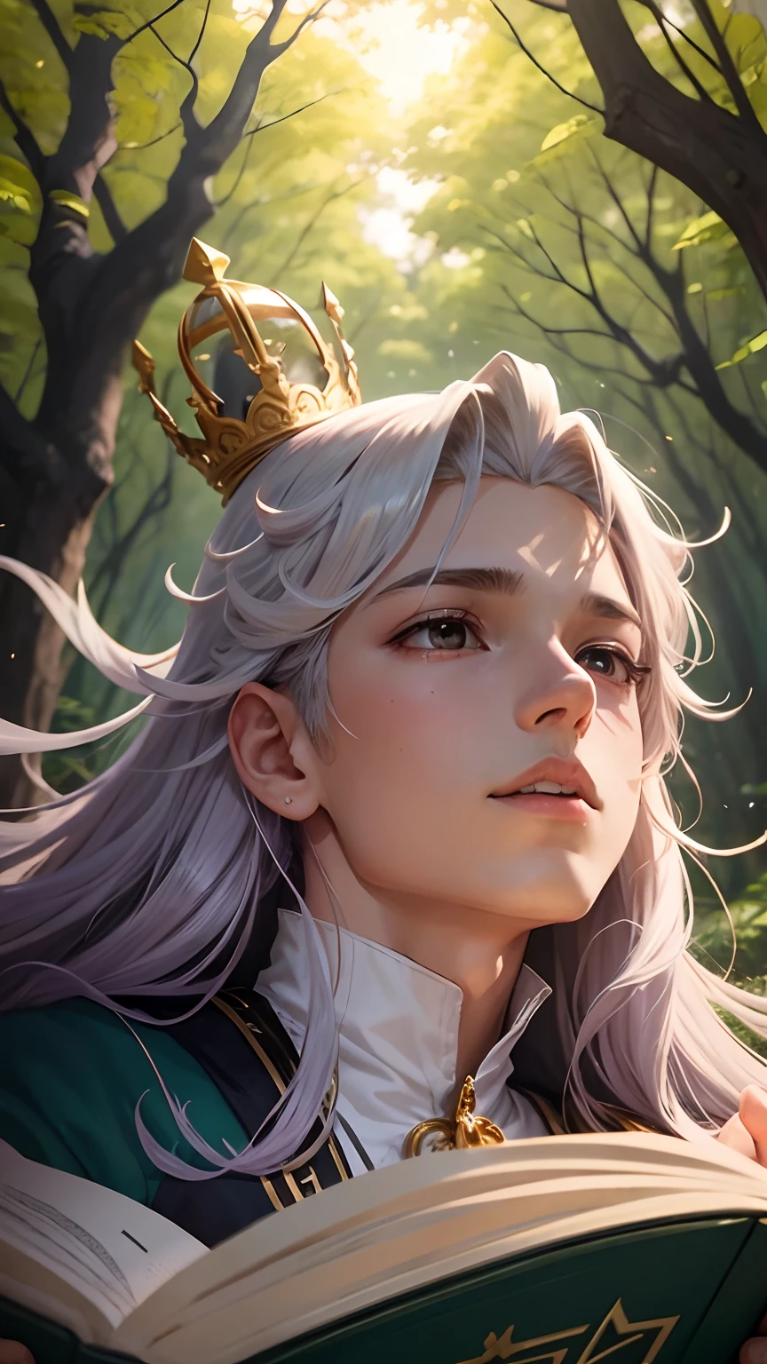 young prince, anime, Pointed crown on head, cabelo curto, na floresta ao ar livre, sol de fundo, coroa do rei em um trono de cristal