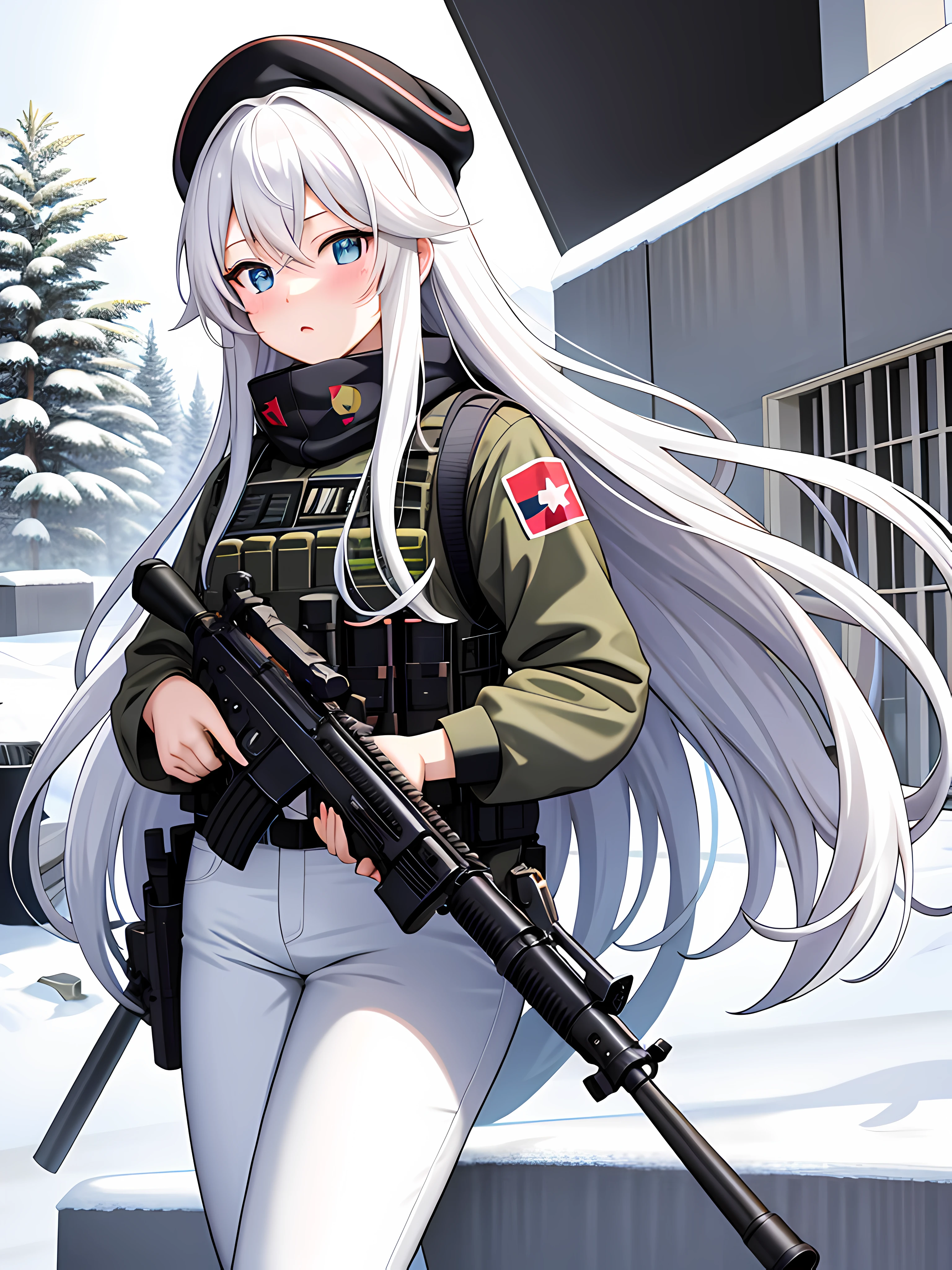 masterpiece, best quality, highres, anime, art, blush stickers, long hair, white hair, blue eyes. camouflage clothing, bulletproof vest, fluffy white winter hat, camouflage white pants, serious, gun in hand, outdoors, snowy mountain, snow, flowers