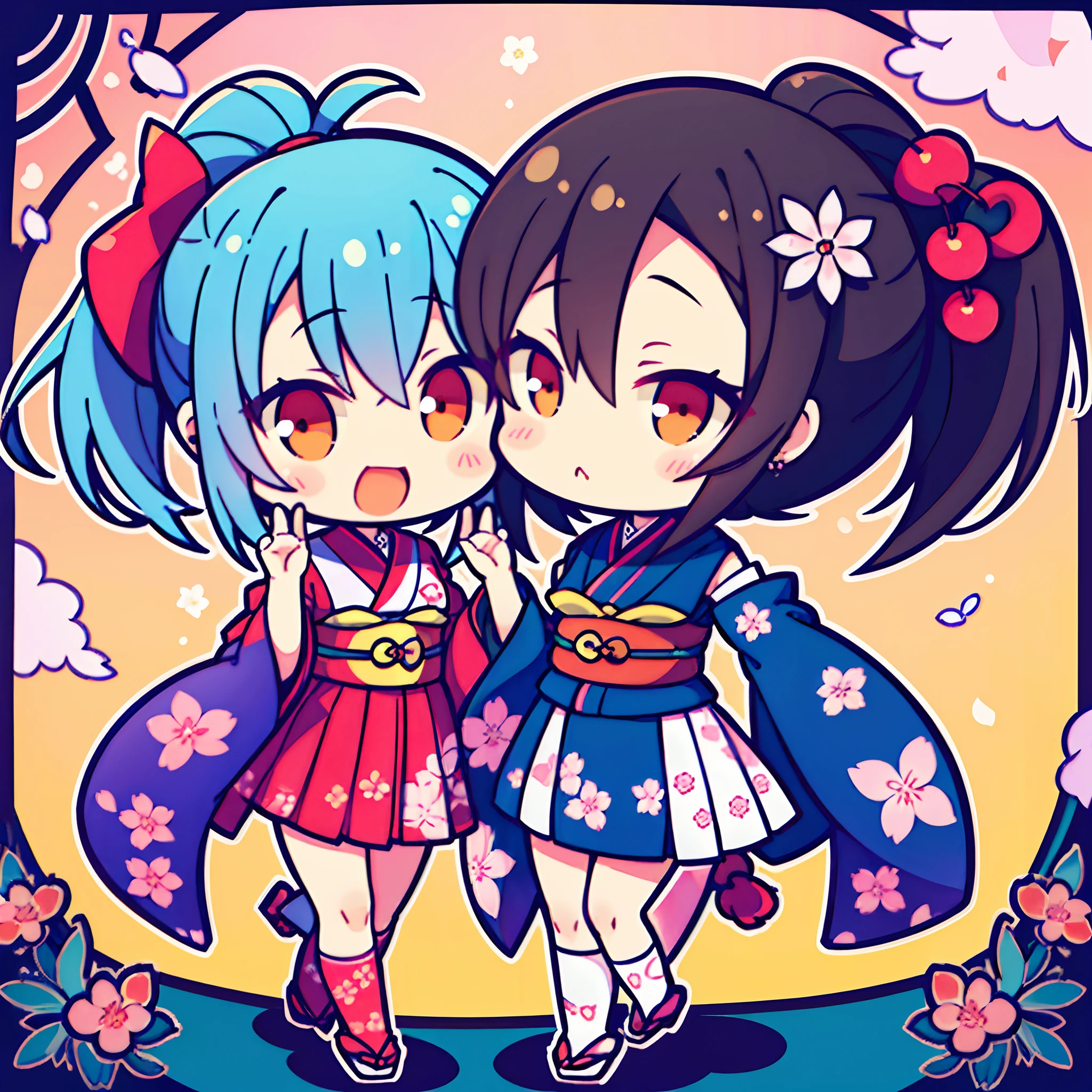 (2 girls) The cutest chibi kabuki girls, wearing highly detailed kimonos, tattoos and piercings, finely detailed graffiti background, cherry blossoms blowing in the wind, perfect masterpiece, high quality, high resolution