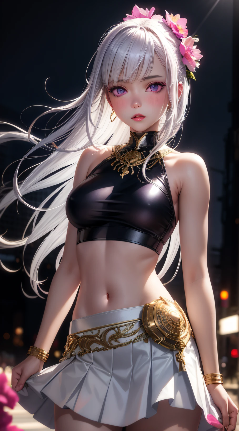 realistic, 1girl, white metalic hair, purple eyes, glowing eyes, crop top, skirt, parted lips, blush, night, flowers, sun, sunlight,