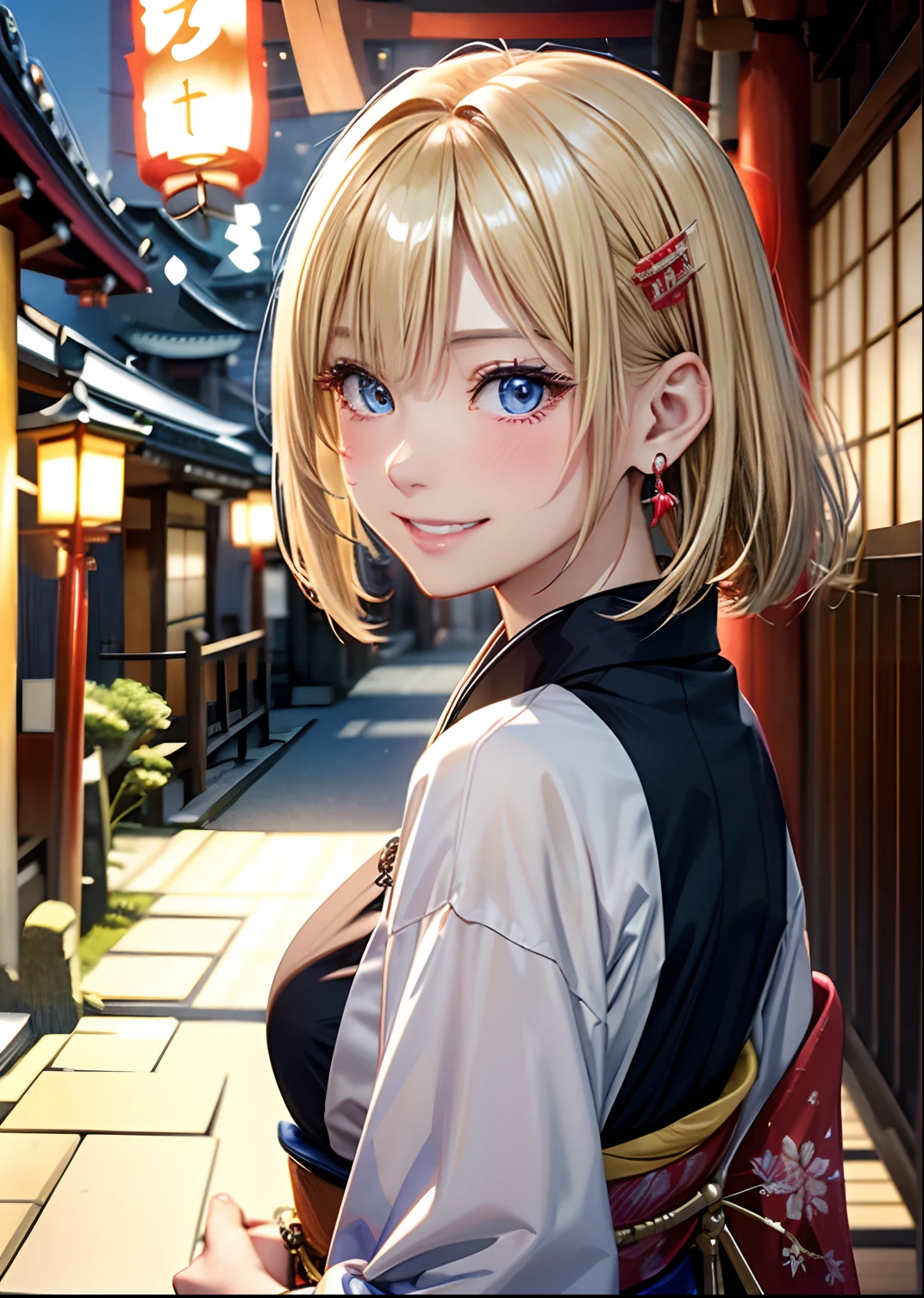 absurderes, ultra-detailliert,bright colour, extremely beautiful detailed anime face and eyes, view straight on, ;D, shiny_skin,25 years old, Short hair, , asymmetrical bangs, Blonde hair with short twin tails, Shiny hair, Delicate beautiful face, red blush、Blue eyes, White skin, hair clips, (Looking back:1.3)、(Happy smile:1.3)、Shiny hair、small earring、Small necklace、Brightly colored kimono、(Kyoto at night:1.4)