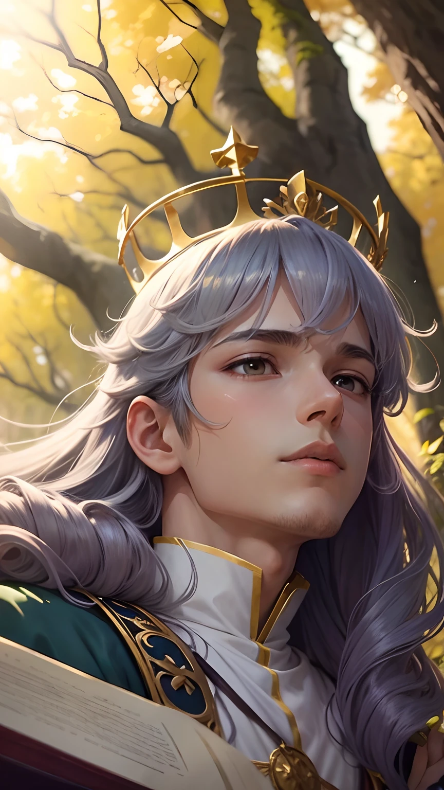 young prince, anime, Pointed crown on head, cabelo curto, na floresta ao ar livre, sol de fundo, coroa do rei em um trono de cristal