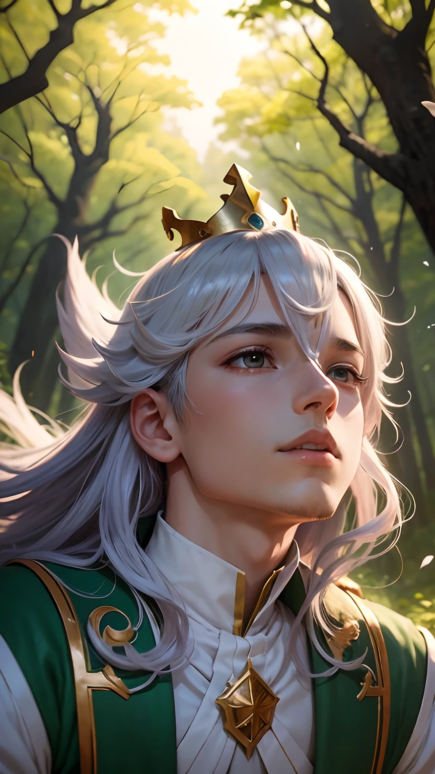 young prince, anime, Pointed crown on head, cabelo curto, na floresta ao ar livre, sol de fundo, coroa do rei em um trono de cristal