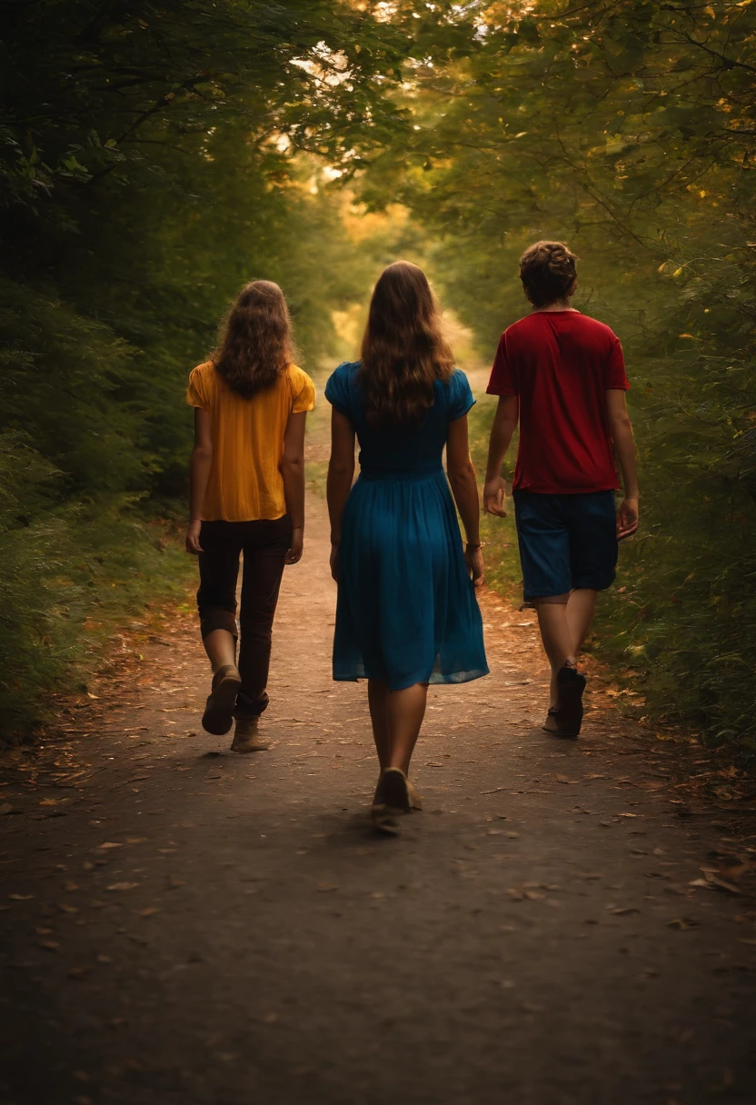 A  girl in the middle while 2 middle aged boys are walking away in the darkness with their backs facing me