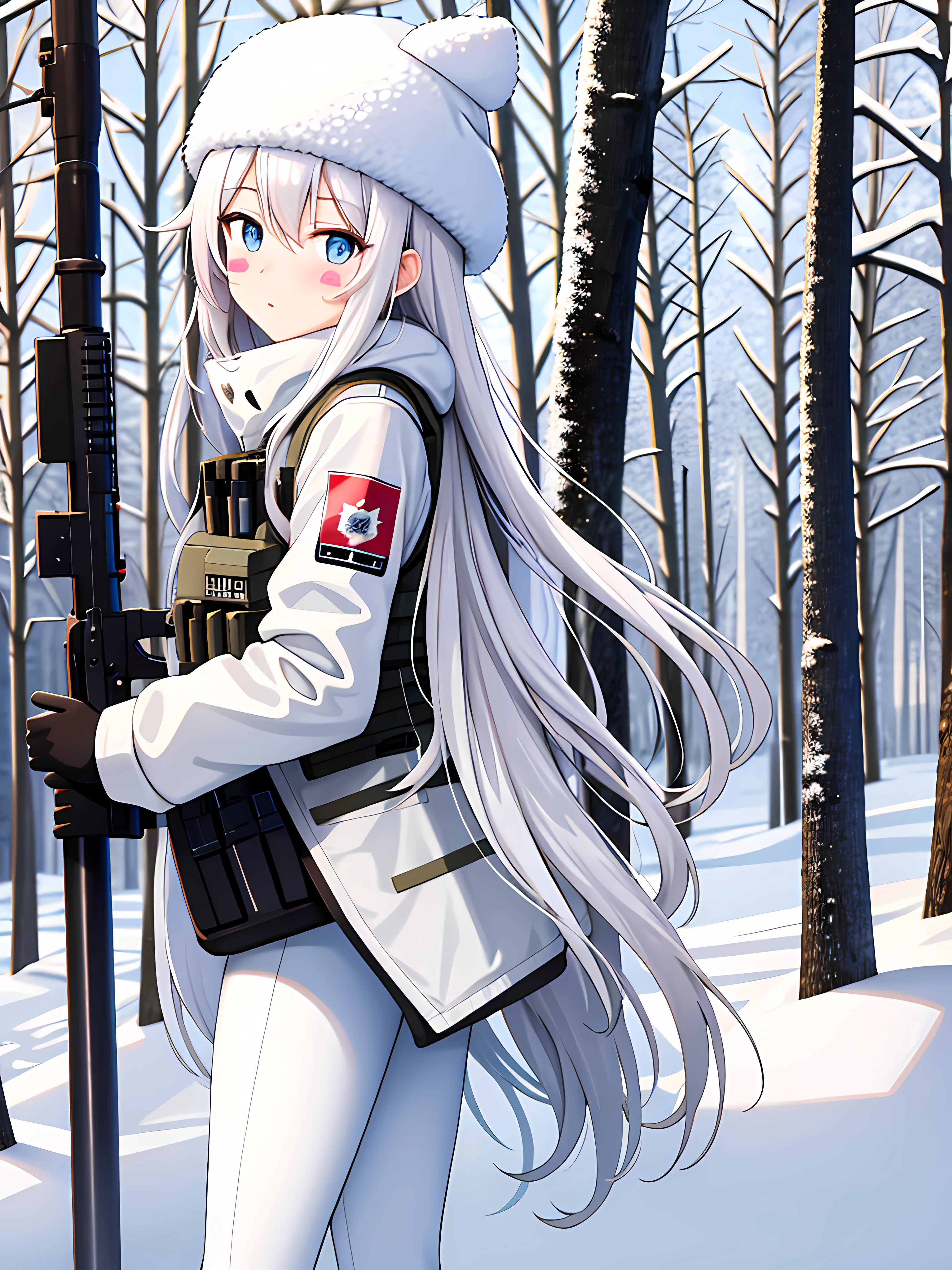 masterpiece, best quality, highres, anime, art, blush stickers, long hair, white hair, blue eyes. camouflage clothing, bulletproof vest, fluffy white winter hat, camouflage white pants, serious, gun in hand, outdoors, snowy mountain, snow, flowers