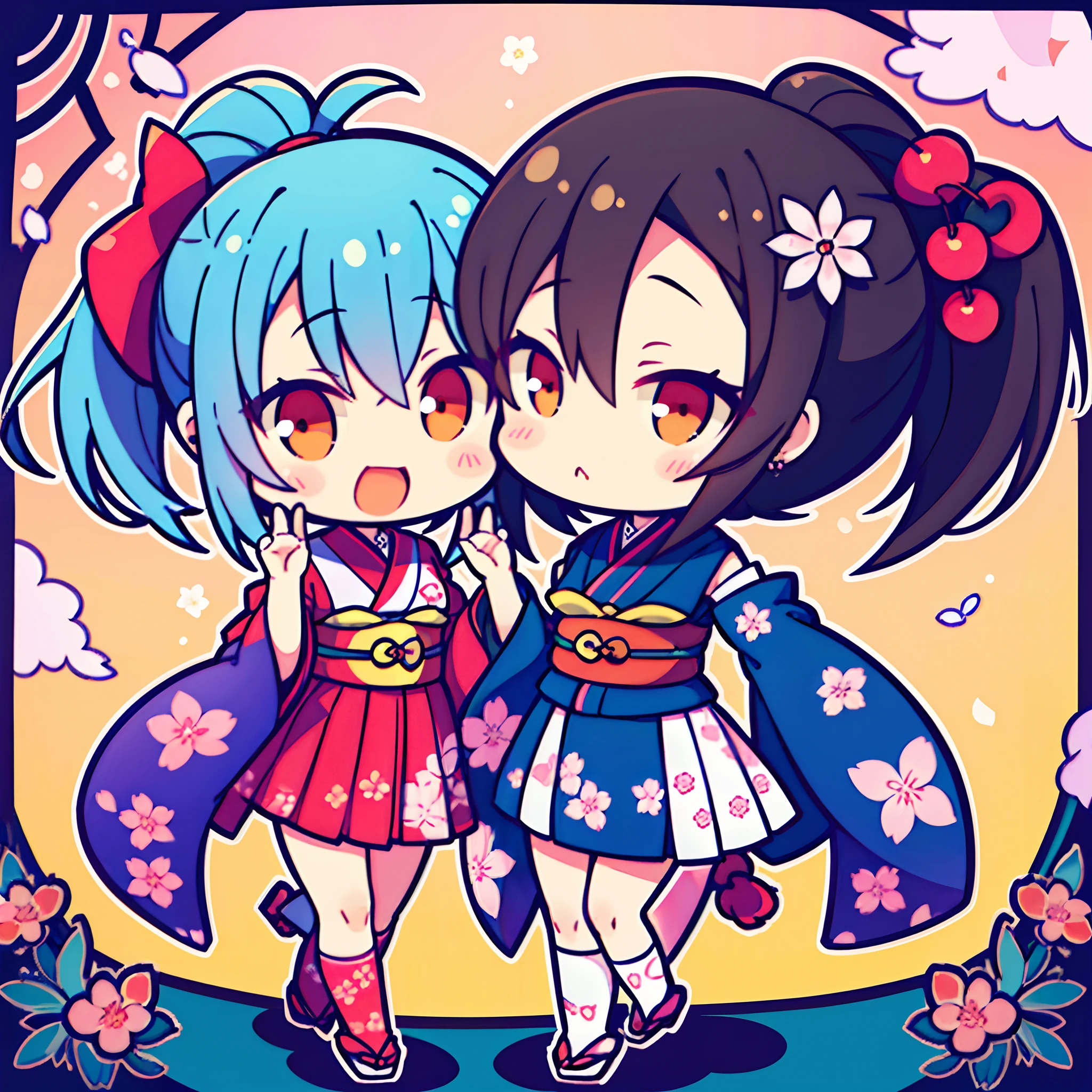 (2 girls) The cutest chibi kabuki girls, wearing highly detailed kimonos, tattoos and piercings, finely detailed graffiti background, cherry blossoms blowing in the wind, perfect masterpiece, high quality, high resolution