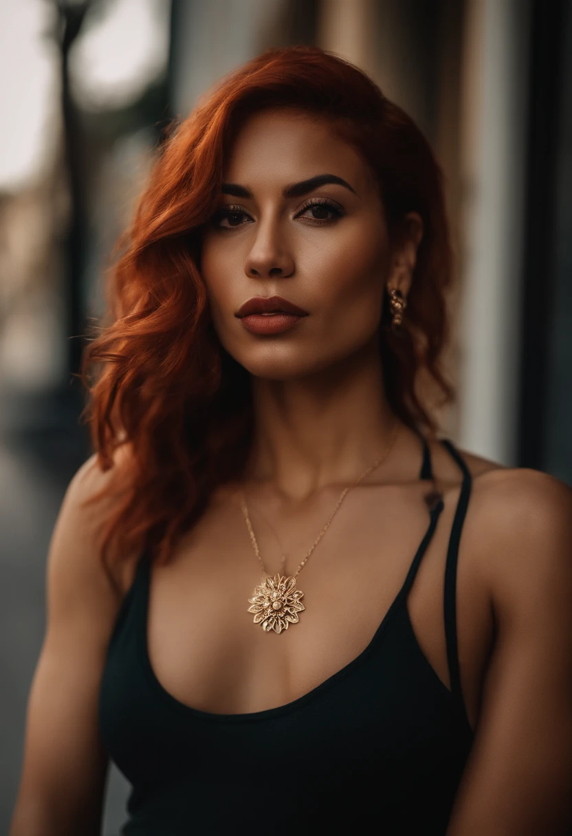 An urban Latina goddess with caramel skin and vibrant red hair With flower tattoos on her right shoulder, lower lip and shoulder completely, sportive, fit girl, brawny, poitrine, Realstic, 25 ans, tenue de sport, small golden necklace