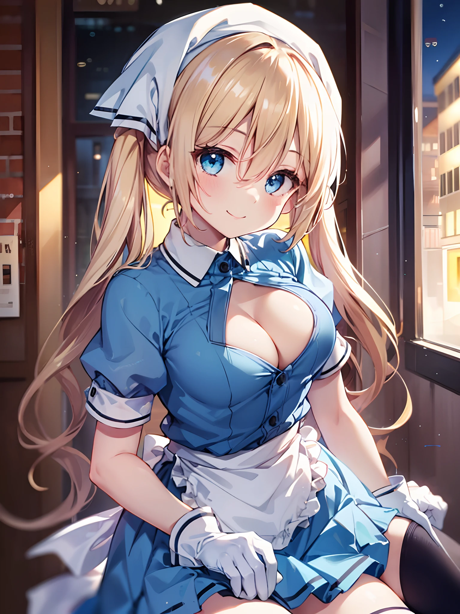 1girl in, (Chiquita:1.2), 
hinata kaho
twintails
head scarf
waitress
frills
blue shirt
waist apron
puffy short sleeves
blue skirt
thighhighs
white gloves
(Close Shot, Best Quality, hight resolution, 4K, Detailed Lighting, Shaders, NSFW), 

cleavage, Skirt,  
Smiling,